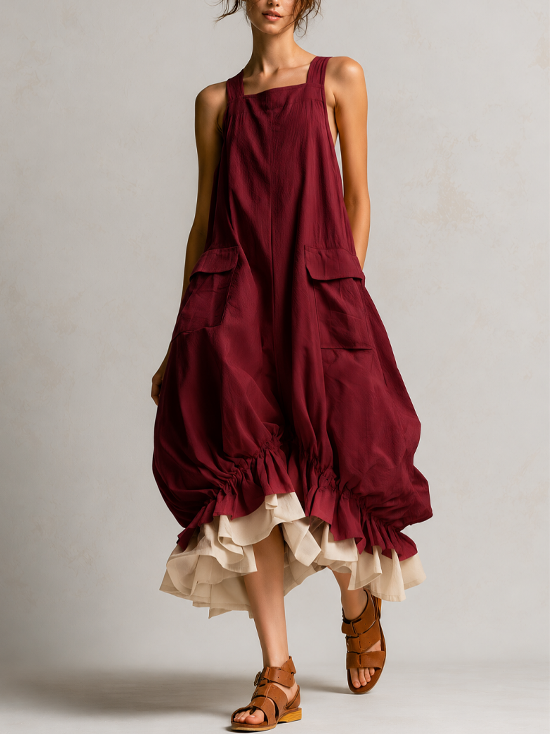 Cargo Pocket Ruffle Hem Midi Dress