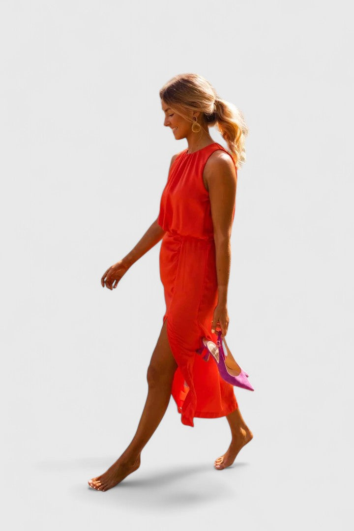 Theonae — High-Neck Flowing Midi Dress
