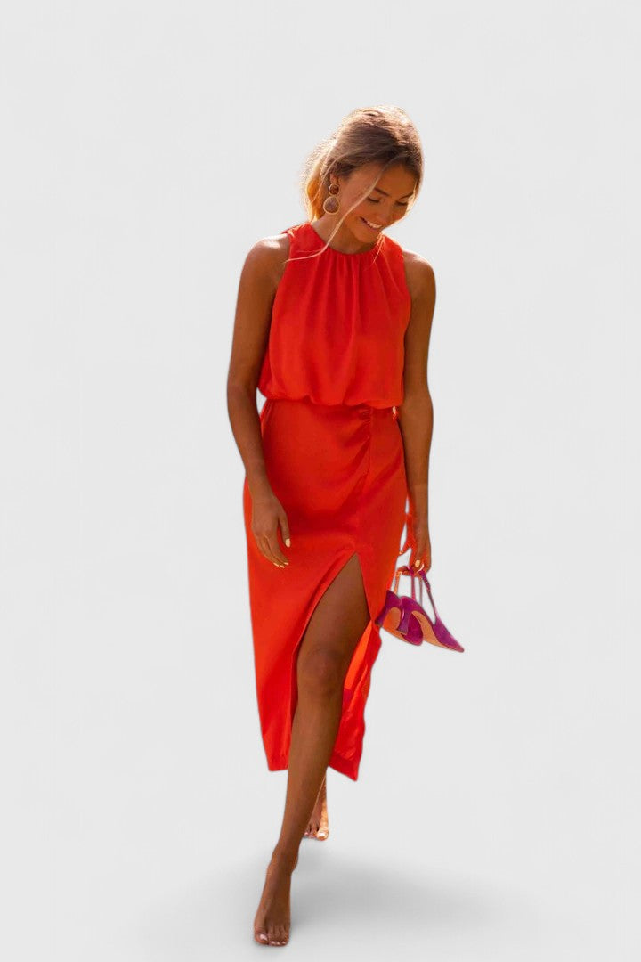 Theonae — High-Neck Flowing Midi Dress