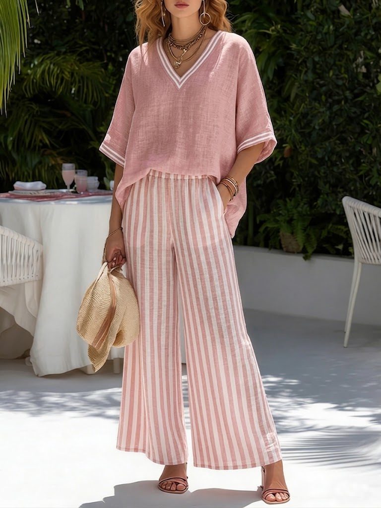 Amelia | Elegant Casual Striped Linen Cotton Set