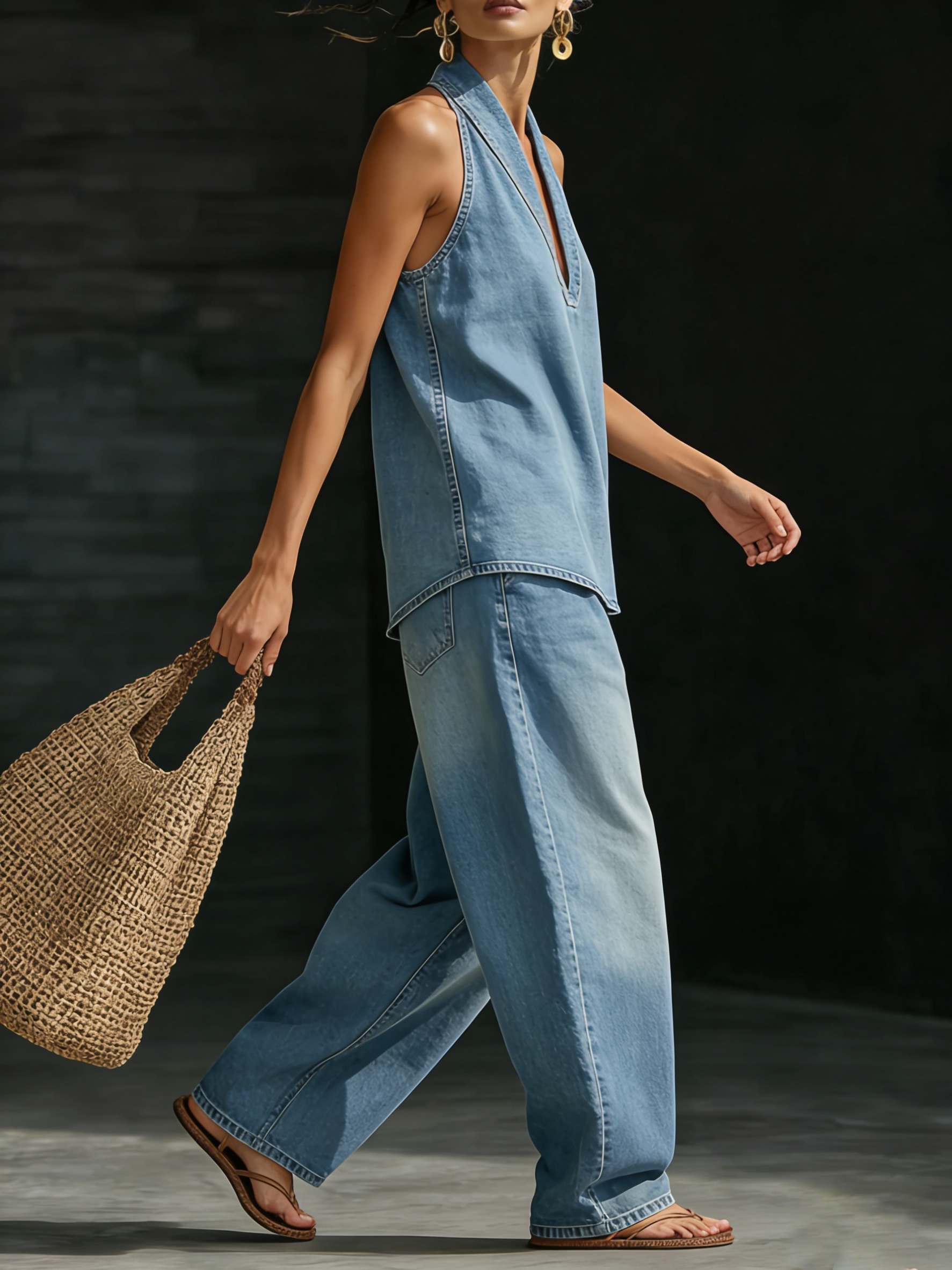 Comfortable Minimalist Denim Two-Piece Set