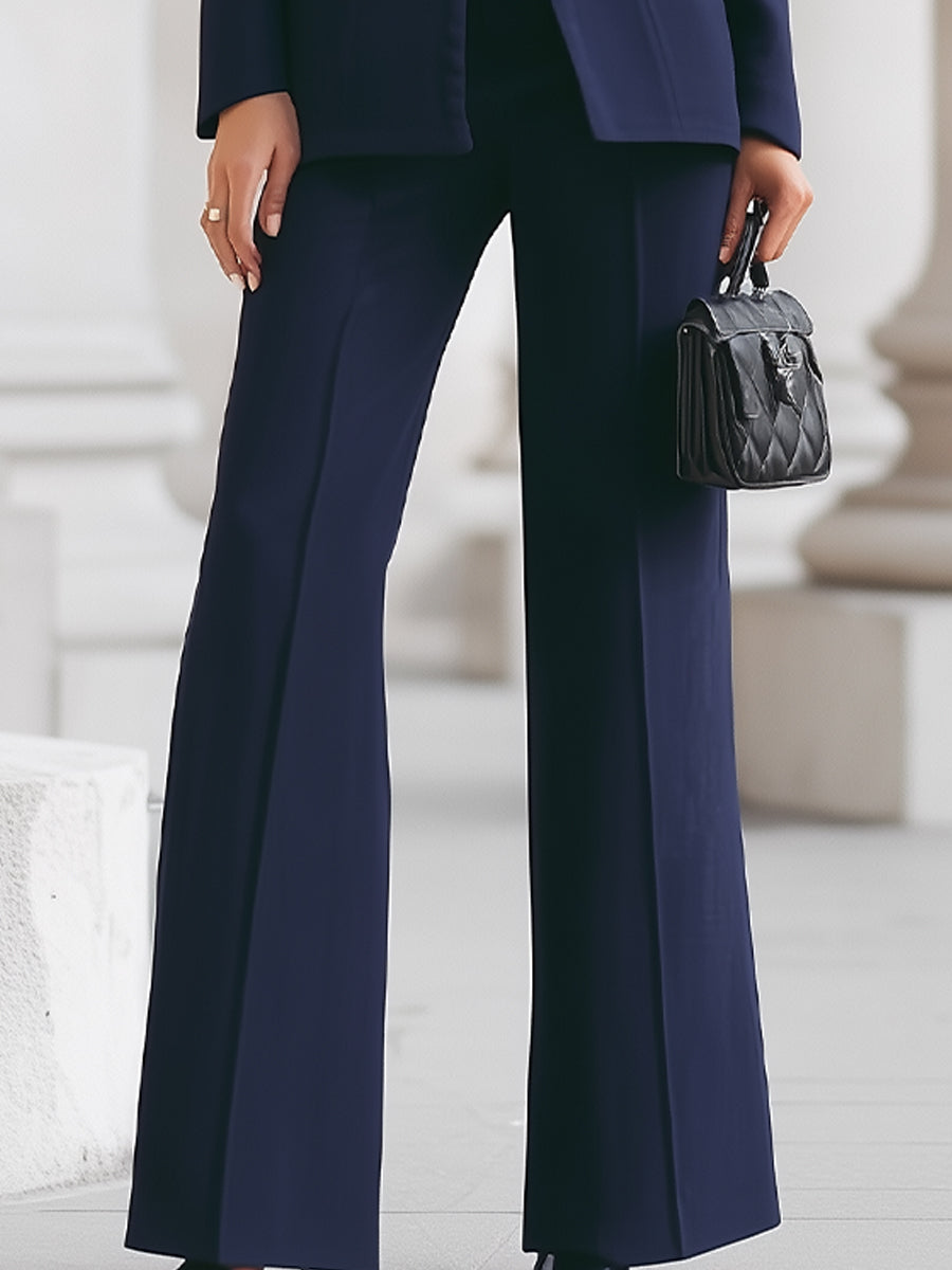 Navy Blue Suit with High Collar Blazer and Wide Leg Pants