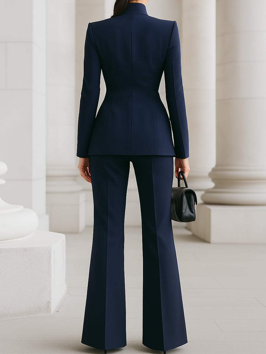 Navy Blue Suit with High Collar Blazer and Wide Leg Pants