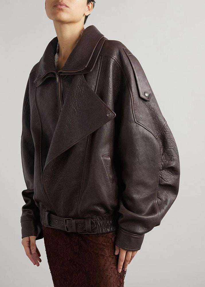 Belted Oversized Leather Bomber Jacket