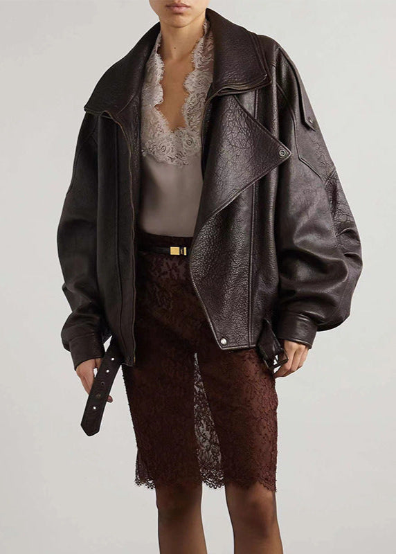 Belted Oversized Leather Bomber Jacket