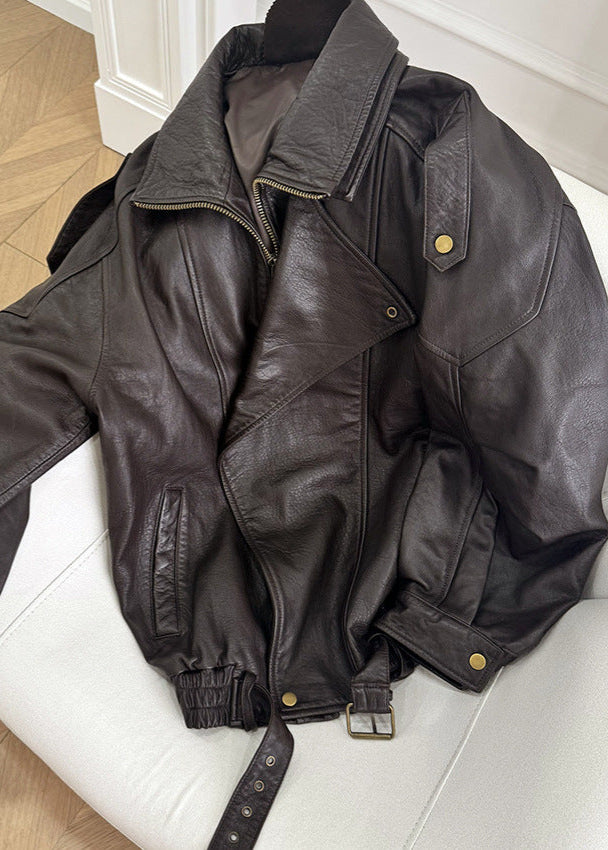 Belted Oversized Leather Bomber Jacket