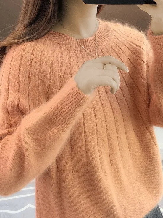 Ribbed Crewneck Sweater with Faux Fur Collar