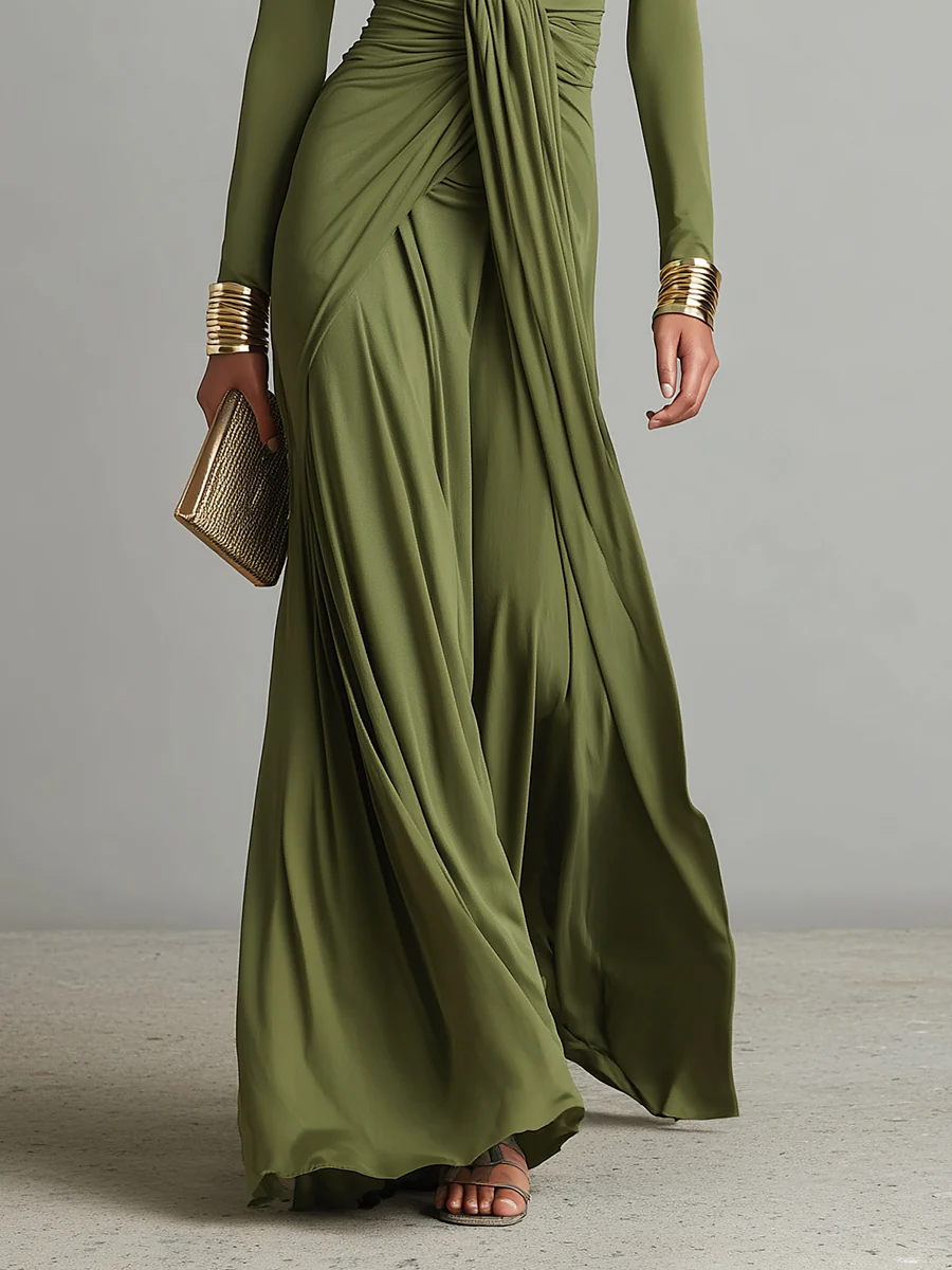 Olive Green Deep V-Neck Pleated Maxi Dress