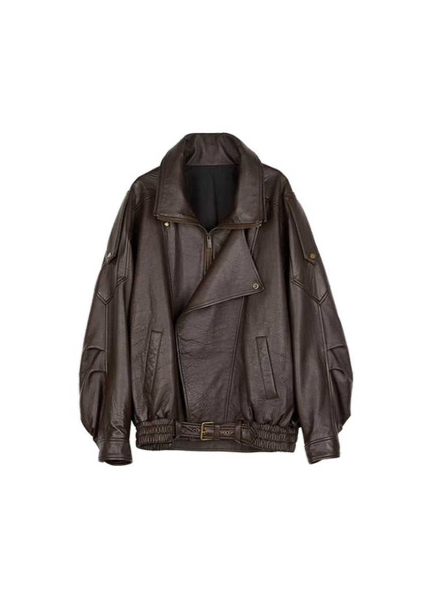 Belted Oversized Leather Bomber Jacket