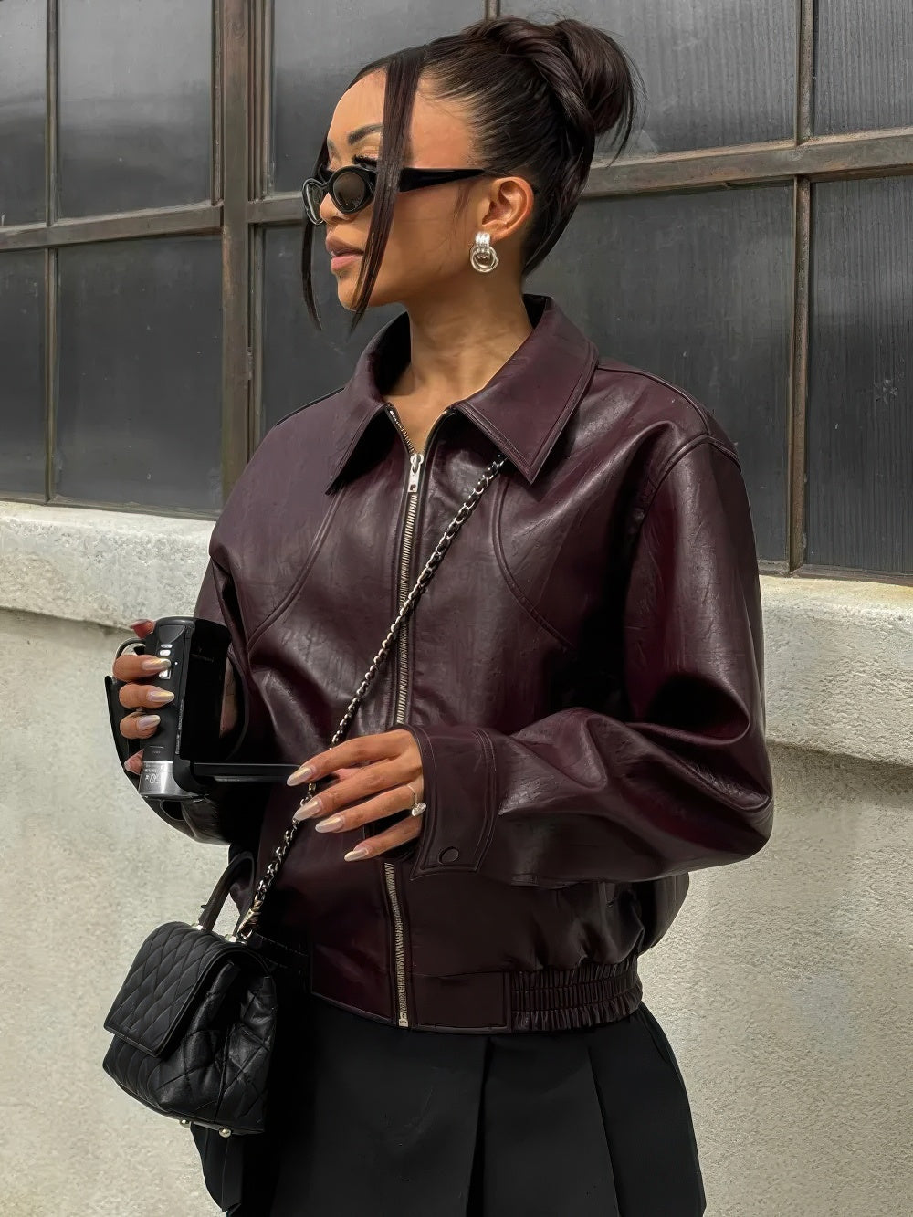 Glossy Leather Bomber Jacket