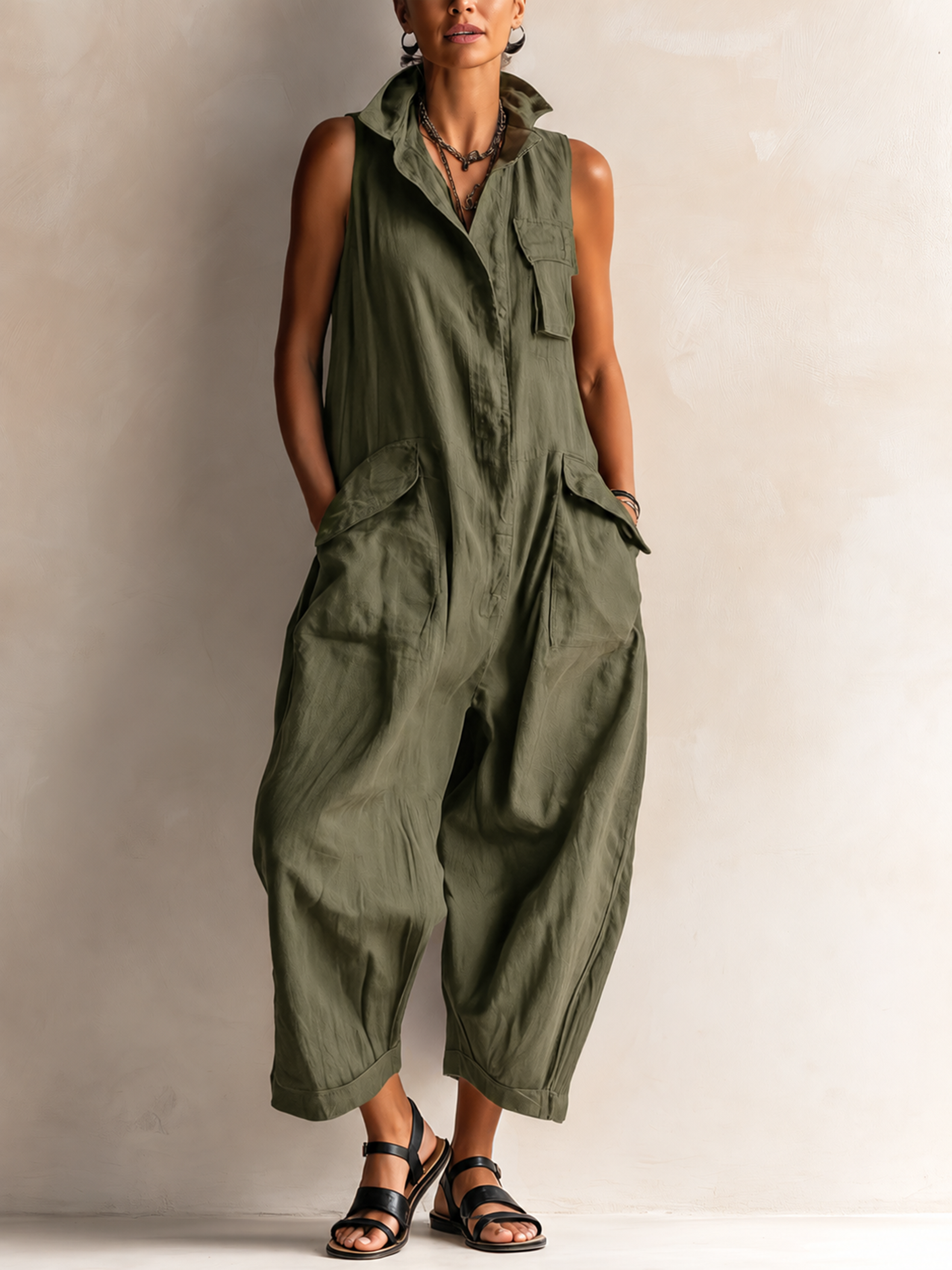 Black Sleeveless Utility Wide-Leg Jumpsuit