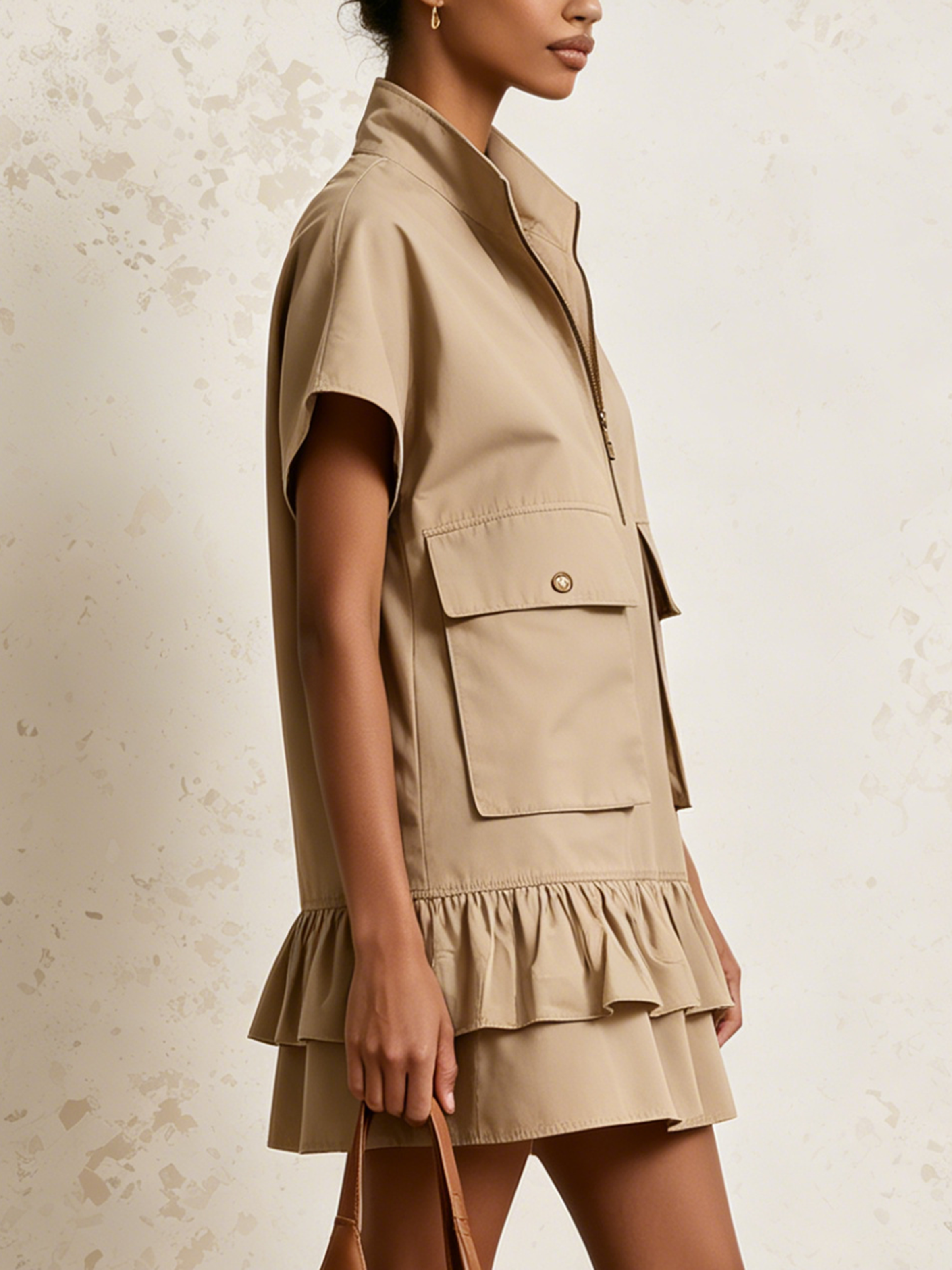 Utility Cargo Mini Dress with Half-Zip Collar