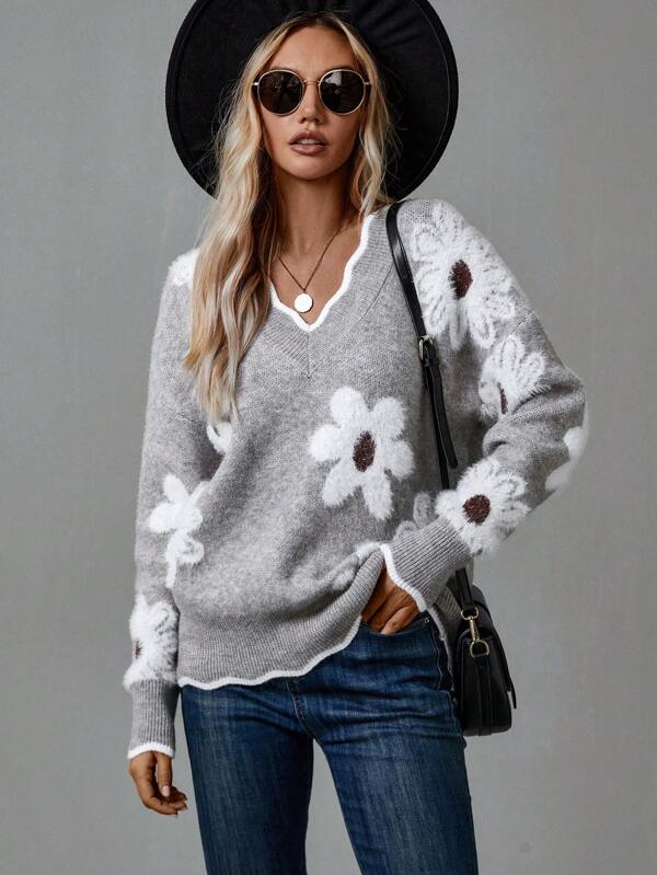 V-Neck Floral Intarsia Sweater