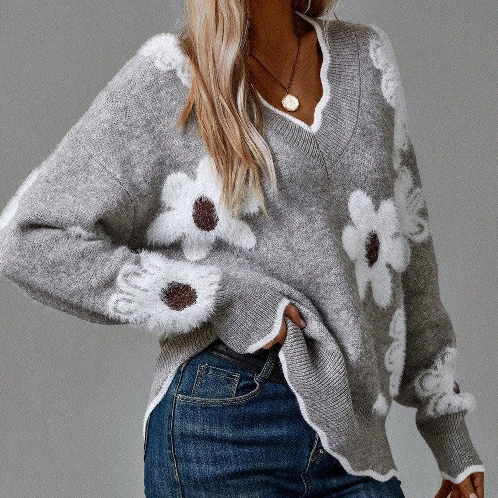 V-Neck Floral Intarsia Sweater