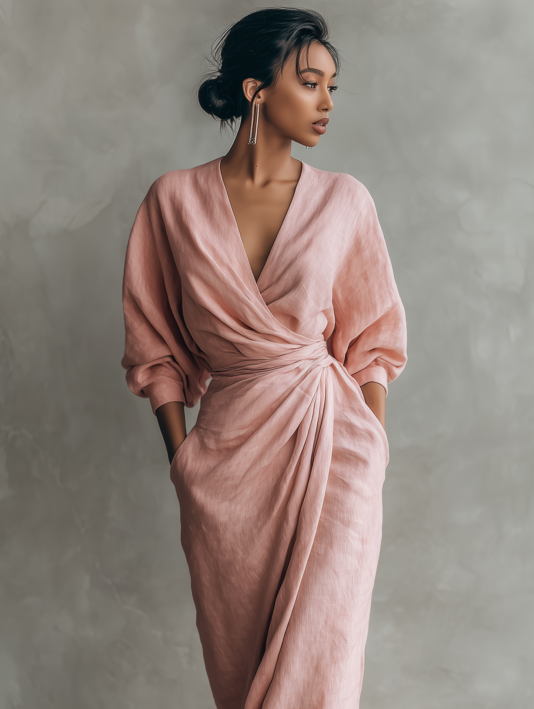 Naomi | Minimalist pink maxi dress with a V-neck in a linen blend