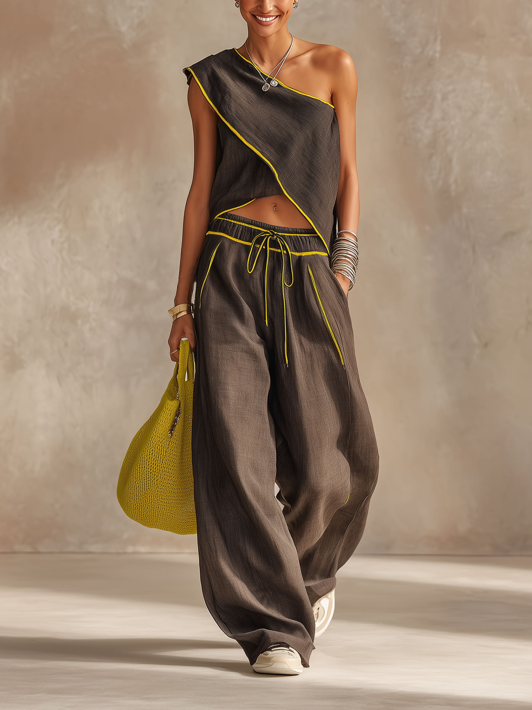 One-Shoulder Linen Blend Two-Piece Set