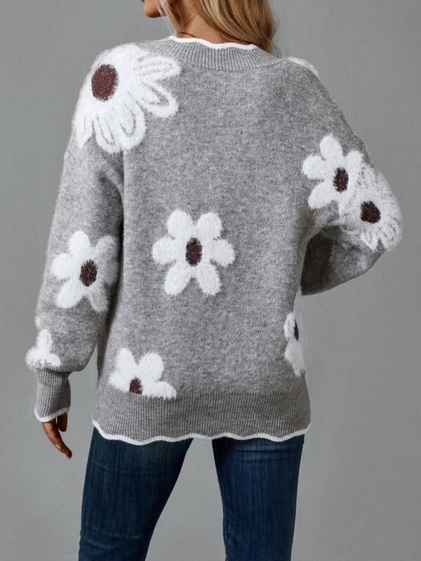 V-Neck Floral Intarsia Sweater