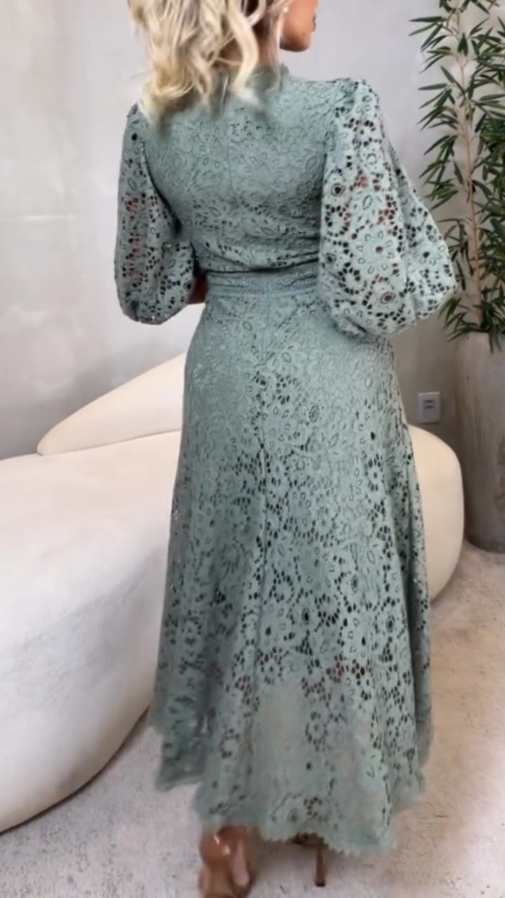 Lantern Sleeve Lace Hollow Midi Dress