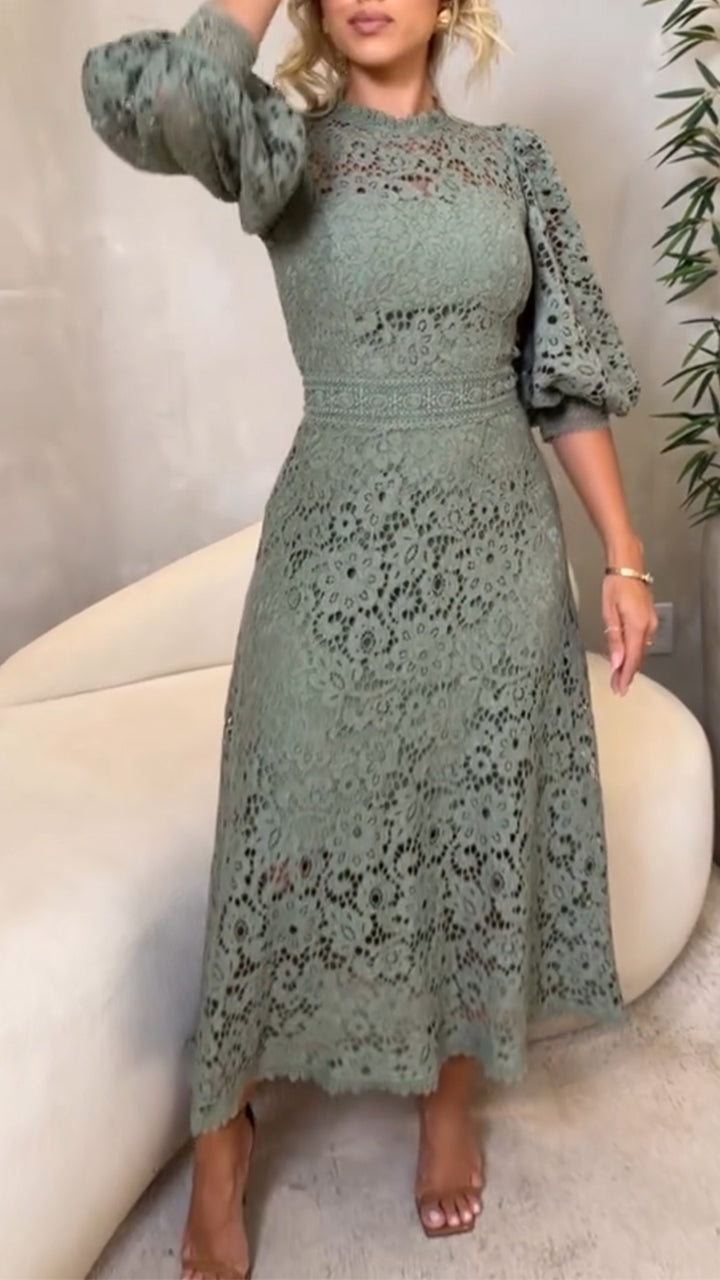 Lantern Sleeve Lace Hollow Midi Dress