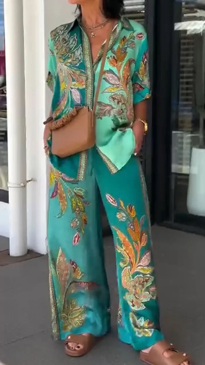 Printed Collar Top & Pants Set