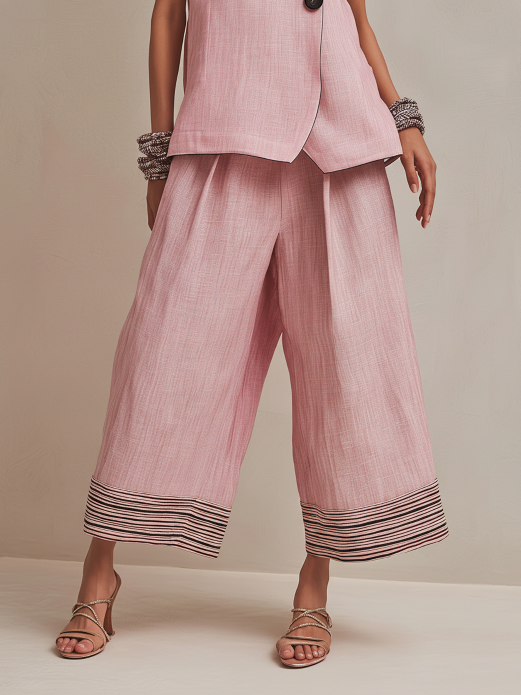 Button Vest and Striped Culotte Set