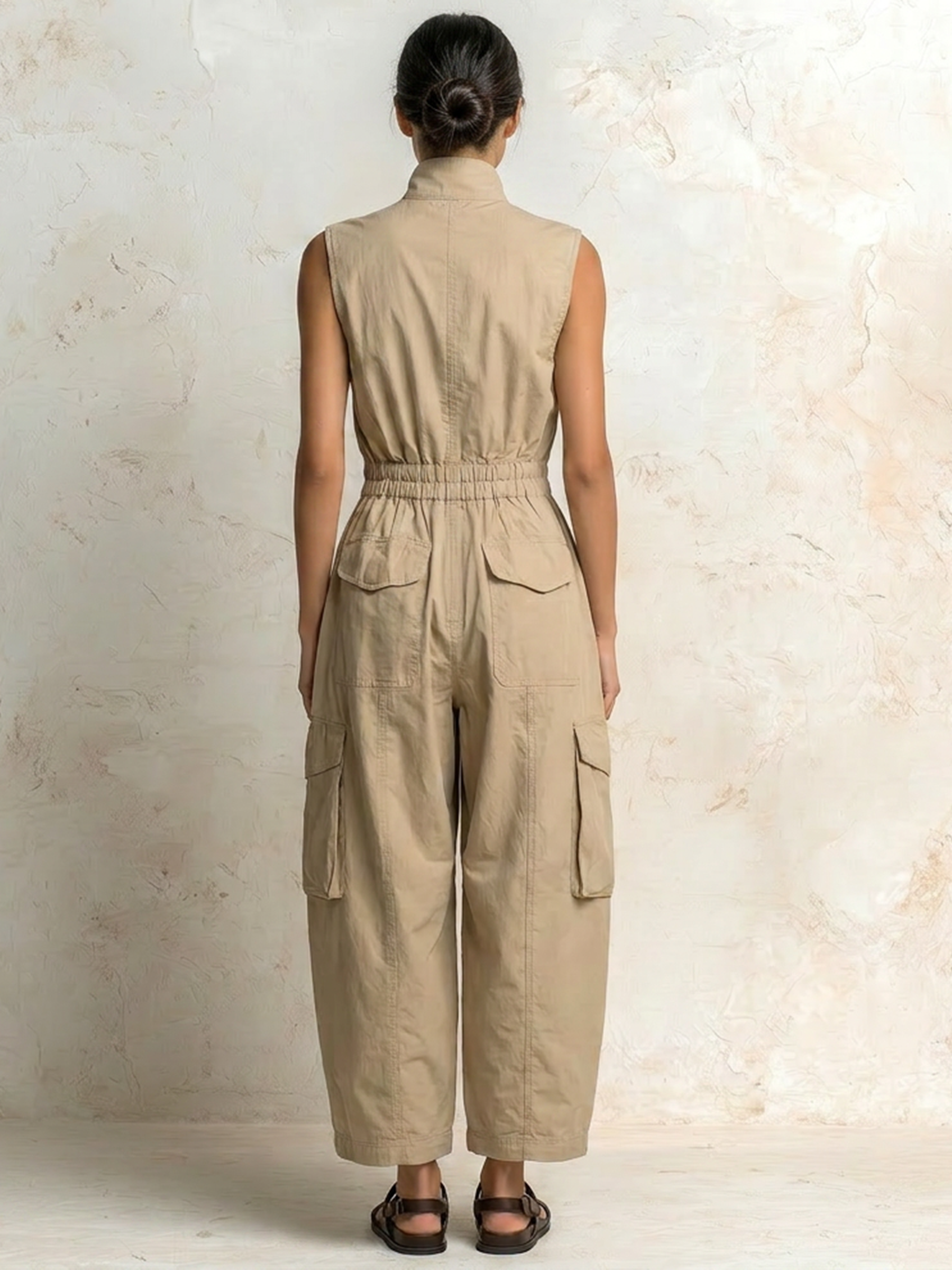 Cotton Twill Sleeveless Cargo Jumpsuit