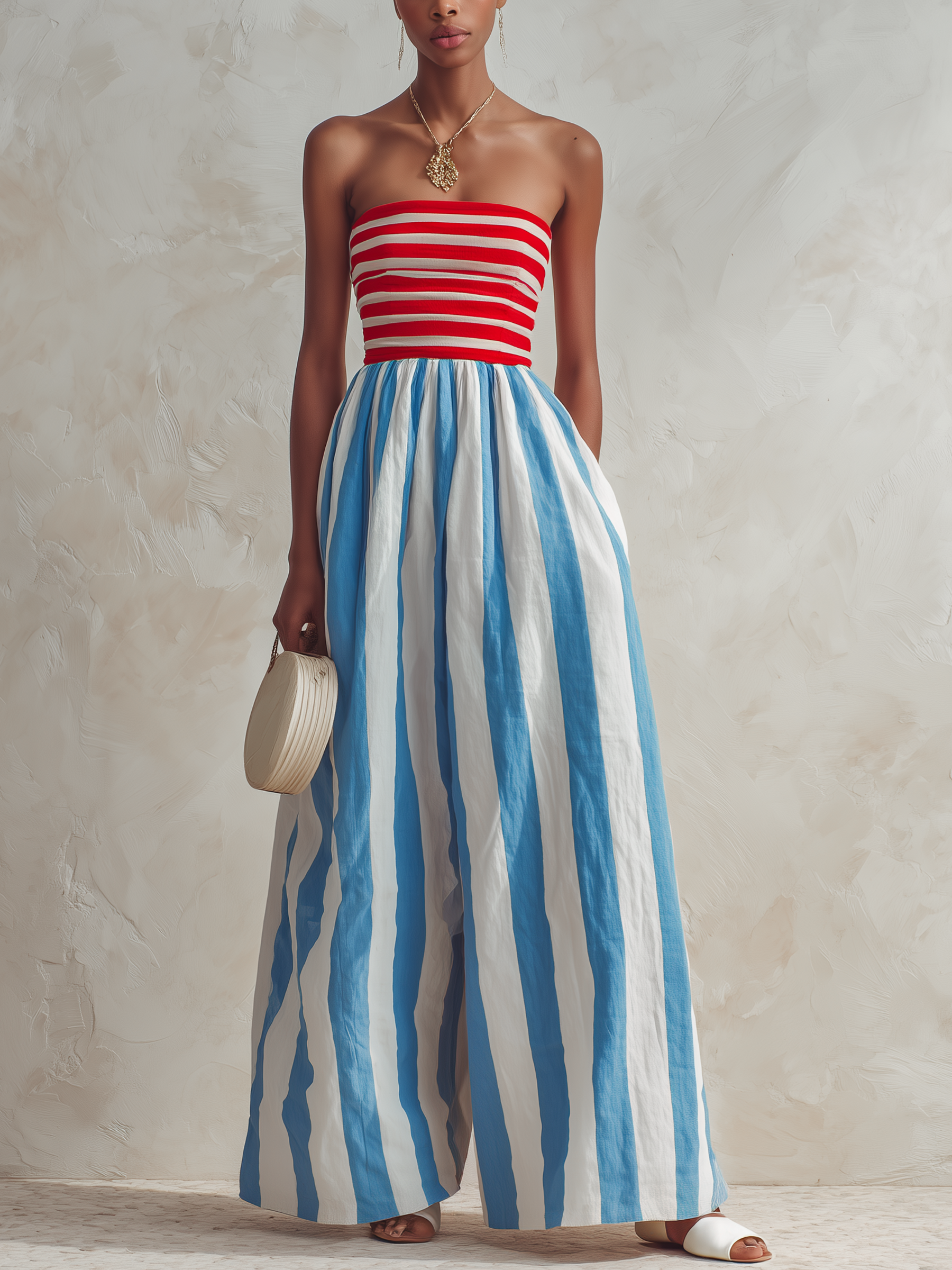 Striped Strapless Top and Wide-Leg Jumpsuit Set