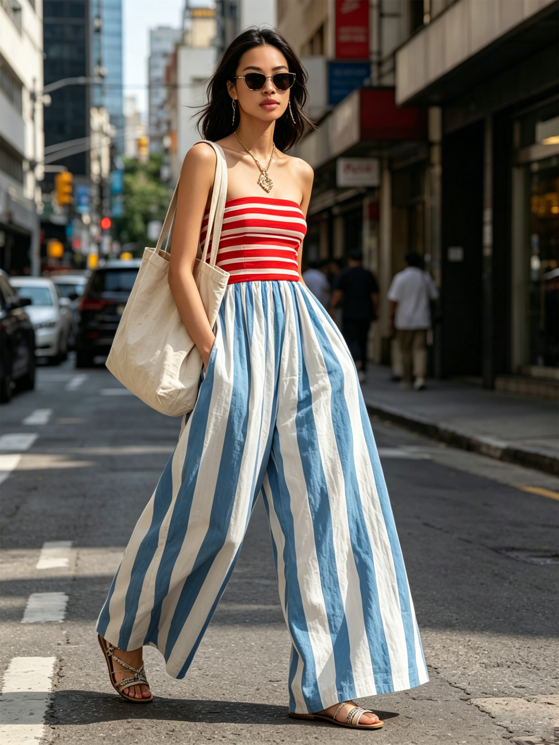 Striped Strapless Top and Wide-Leg Jumpsuit Set