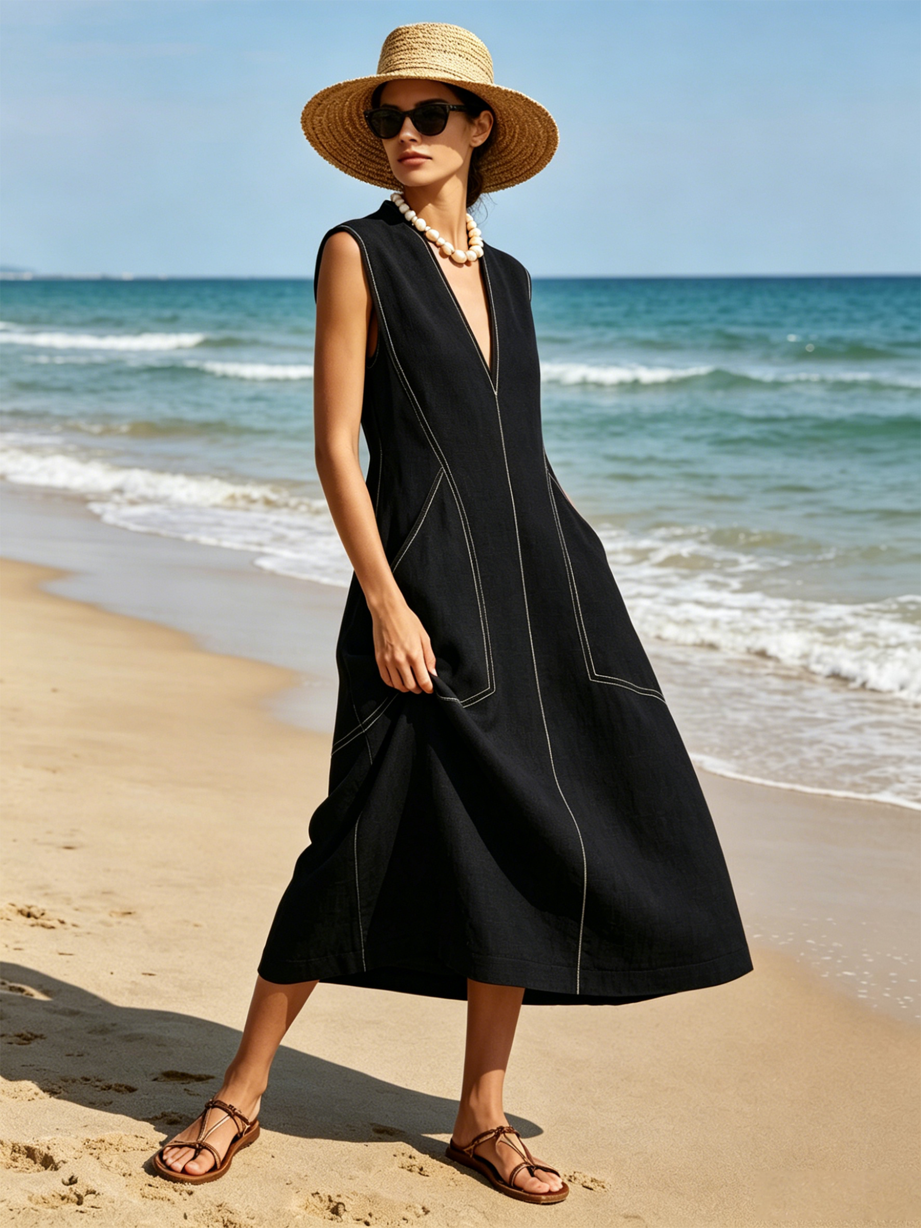 Contrast Stitch Sleeveless Midi Dress