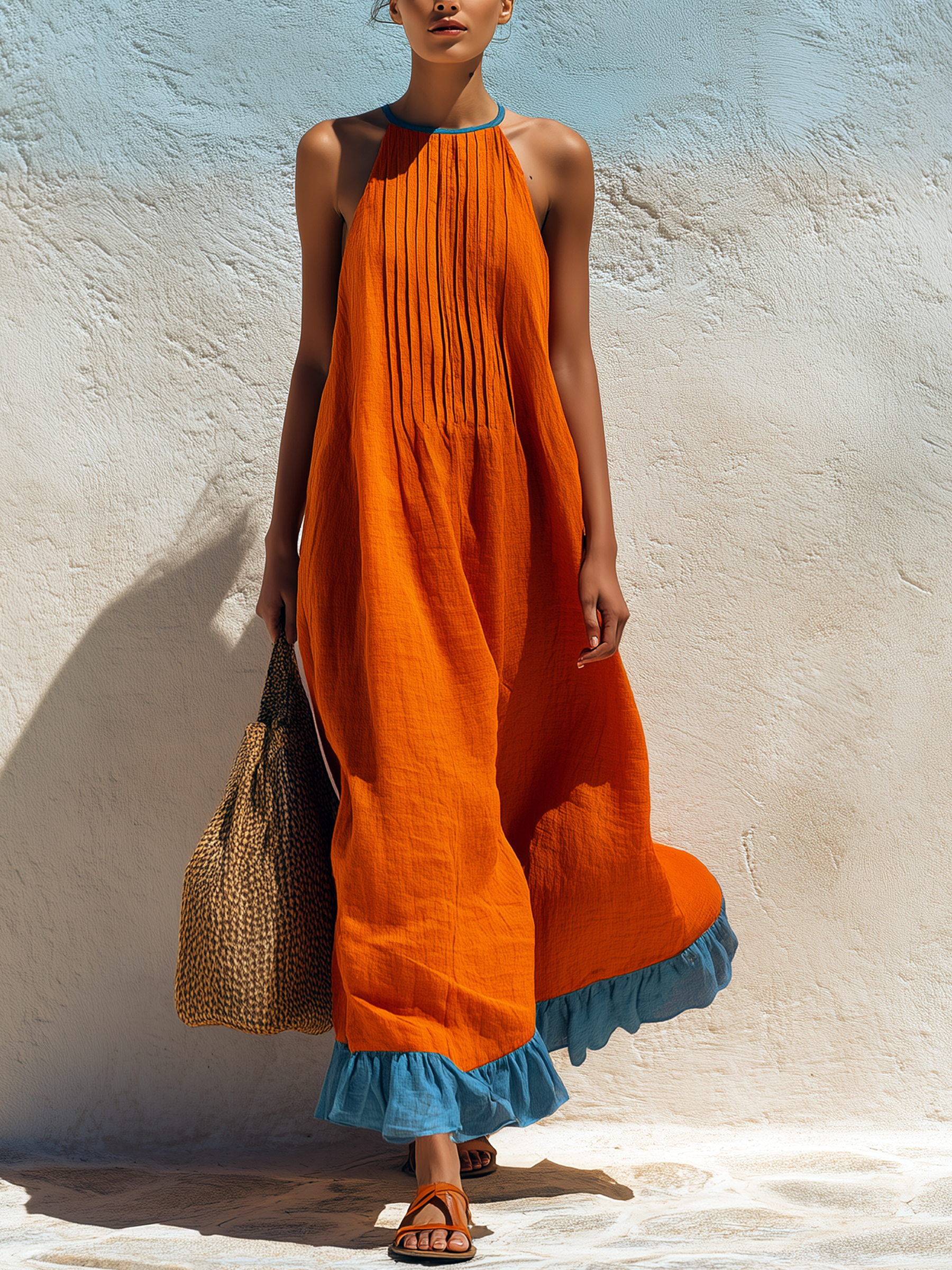 Halter Neck Pleated Maxi Dress with Ruffle Hem