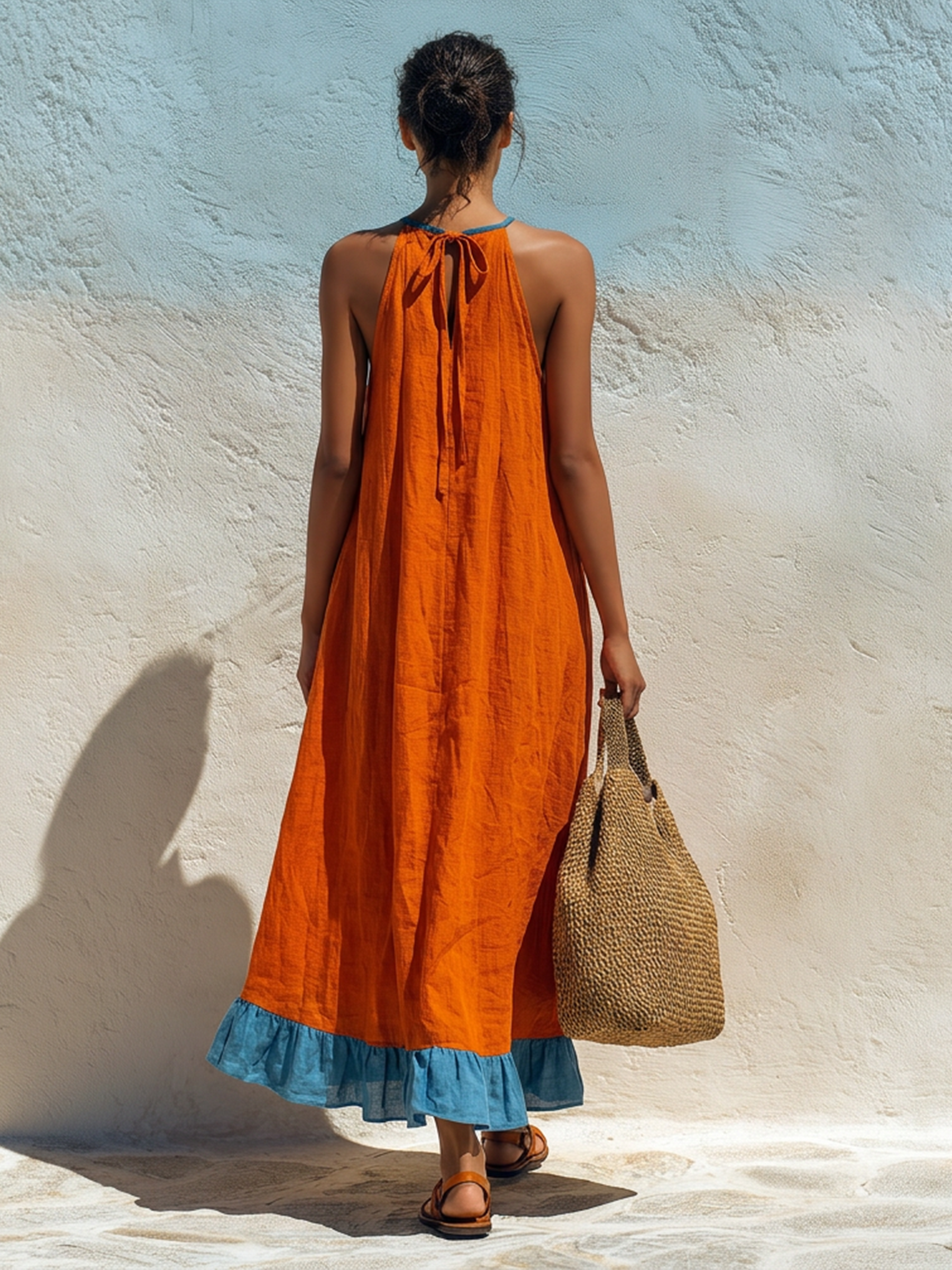 Halter Neck Pleated Maxi Dress with Ruffle Hem