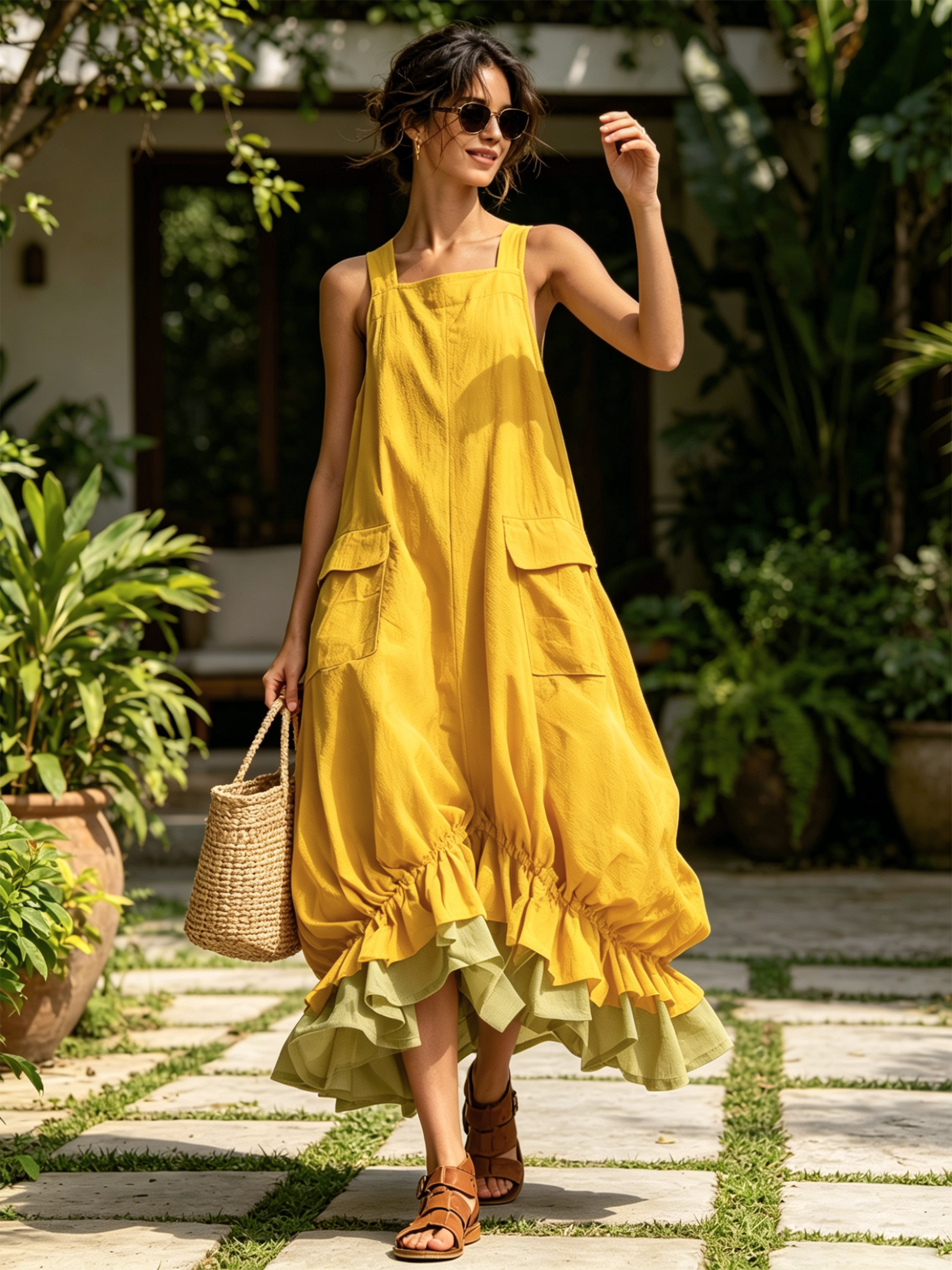 Cargo Pocket Ruffle Hem Midi Dress
