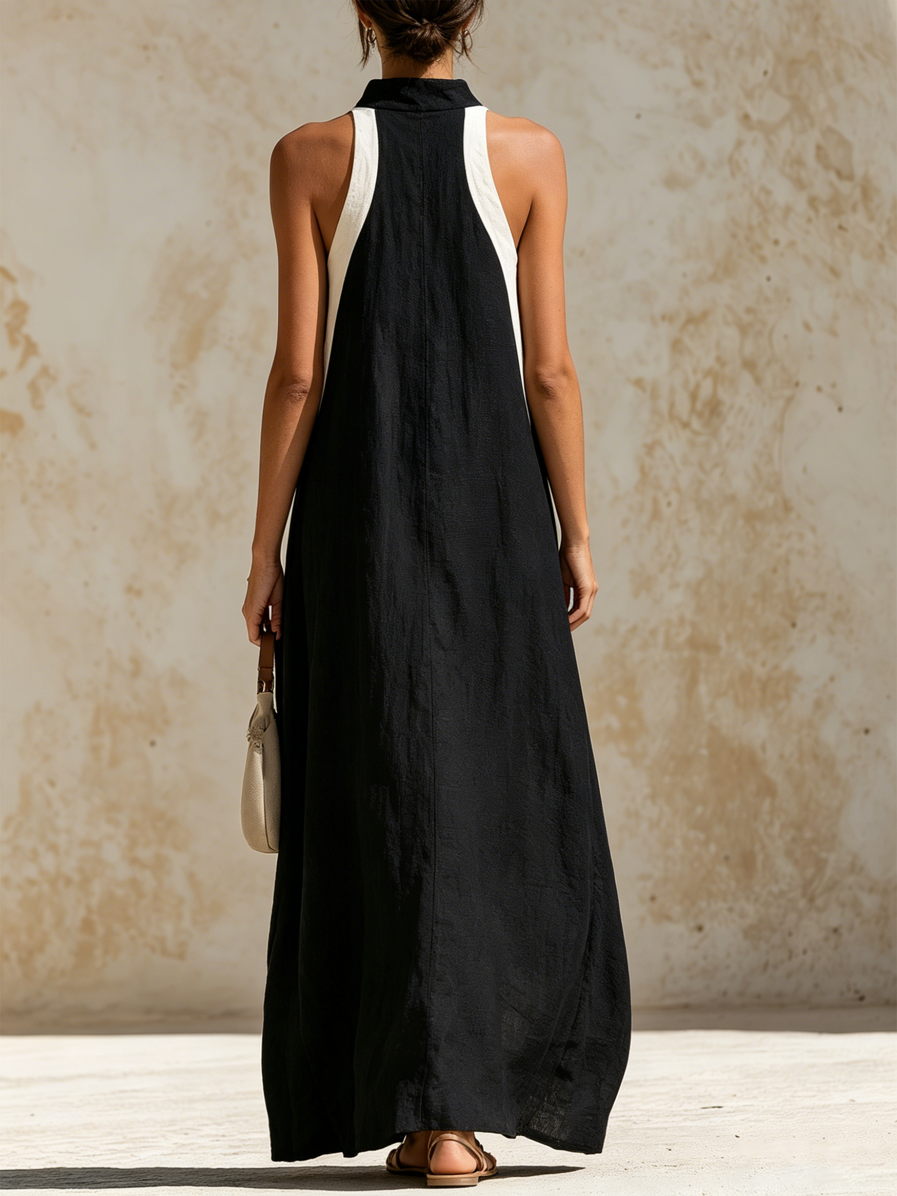 Color Block Halter Linen Maxi Dress