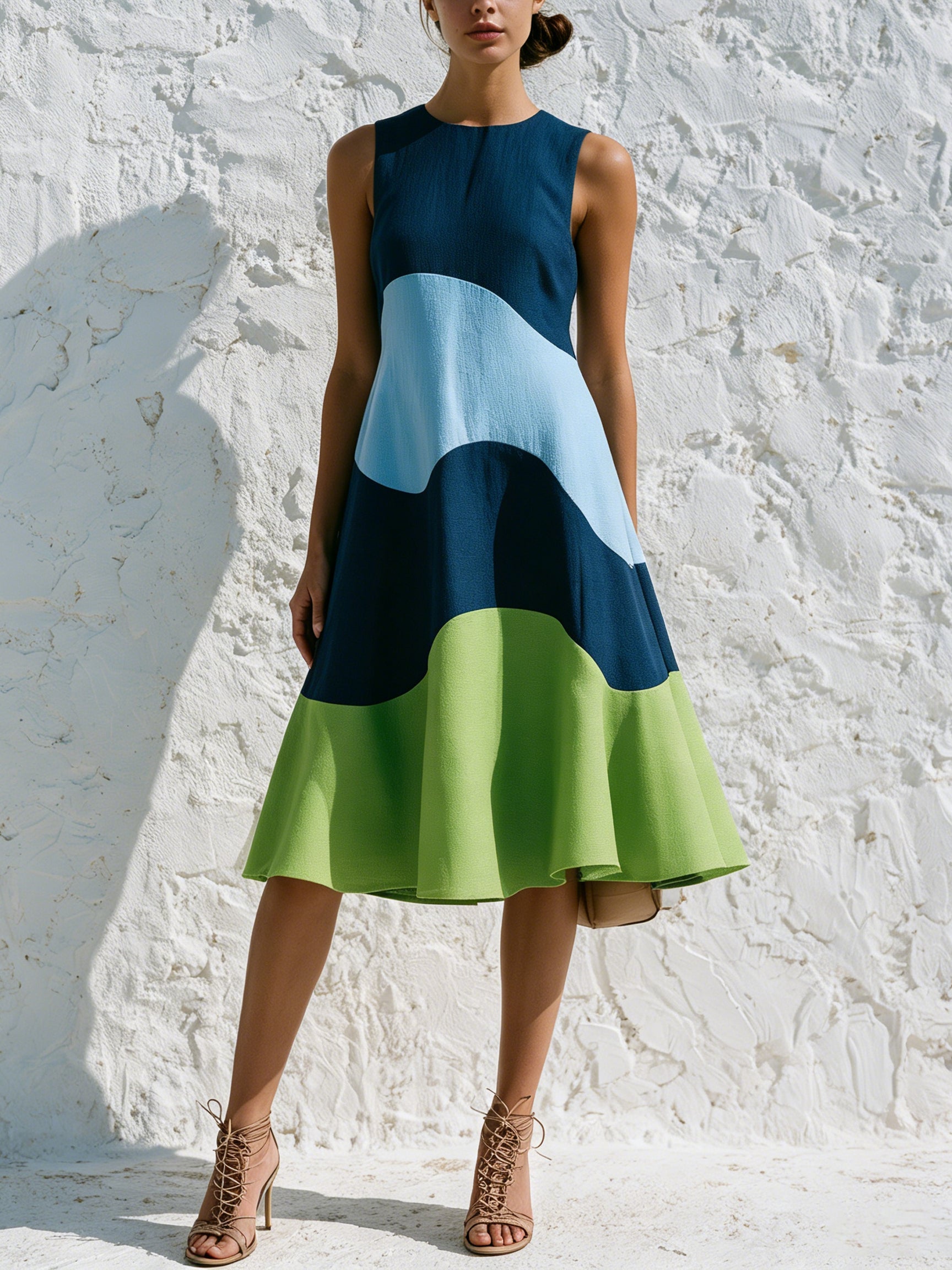 Color Block Sleeveless A-Line Midi Dress