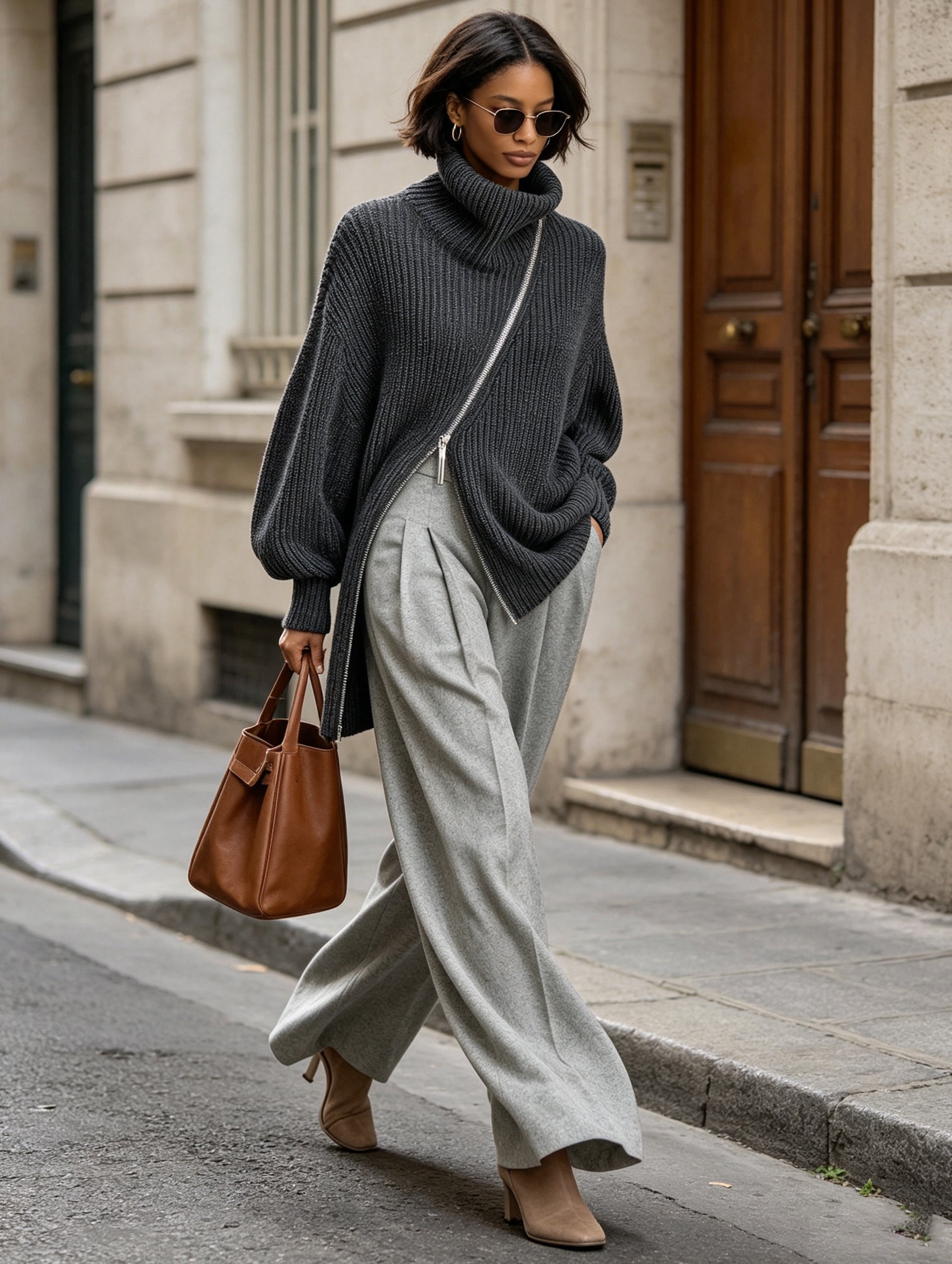 Asymmetric Zip Turtleneck and Wide-Leg Pants Set