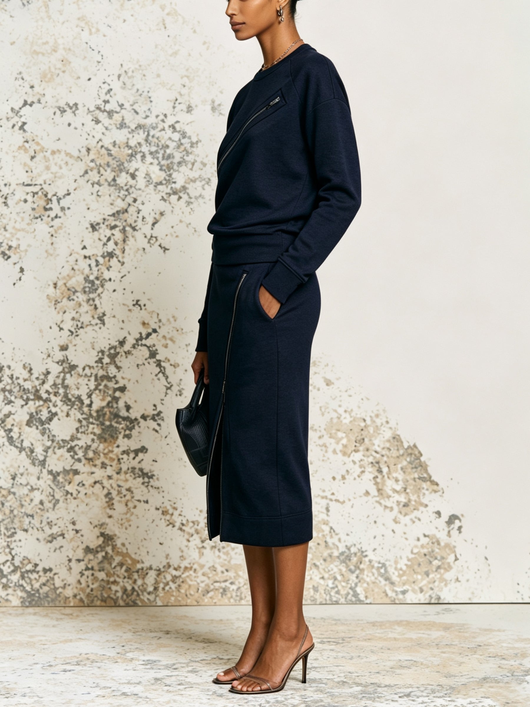 Zip Detail Top and Midi Skirt Set