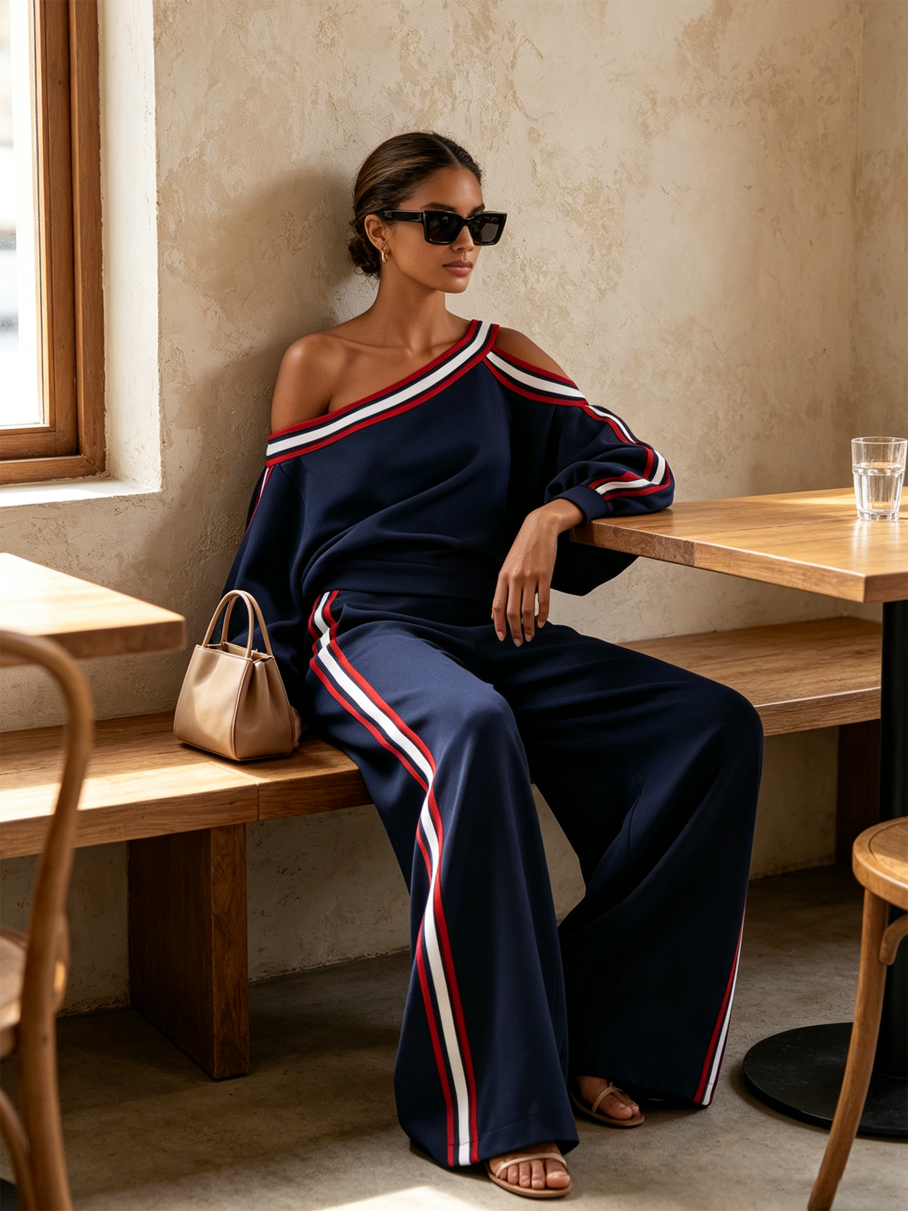 Off-Shoulder Stripe Top and Wide-Leg Pants Set