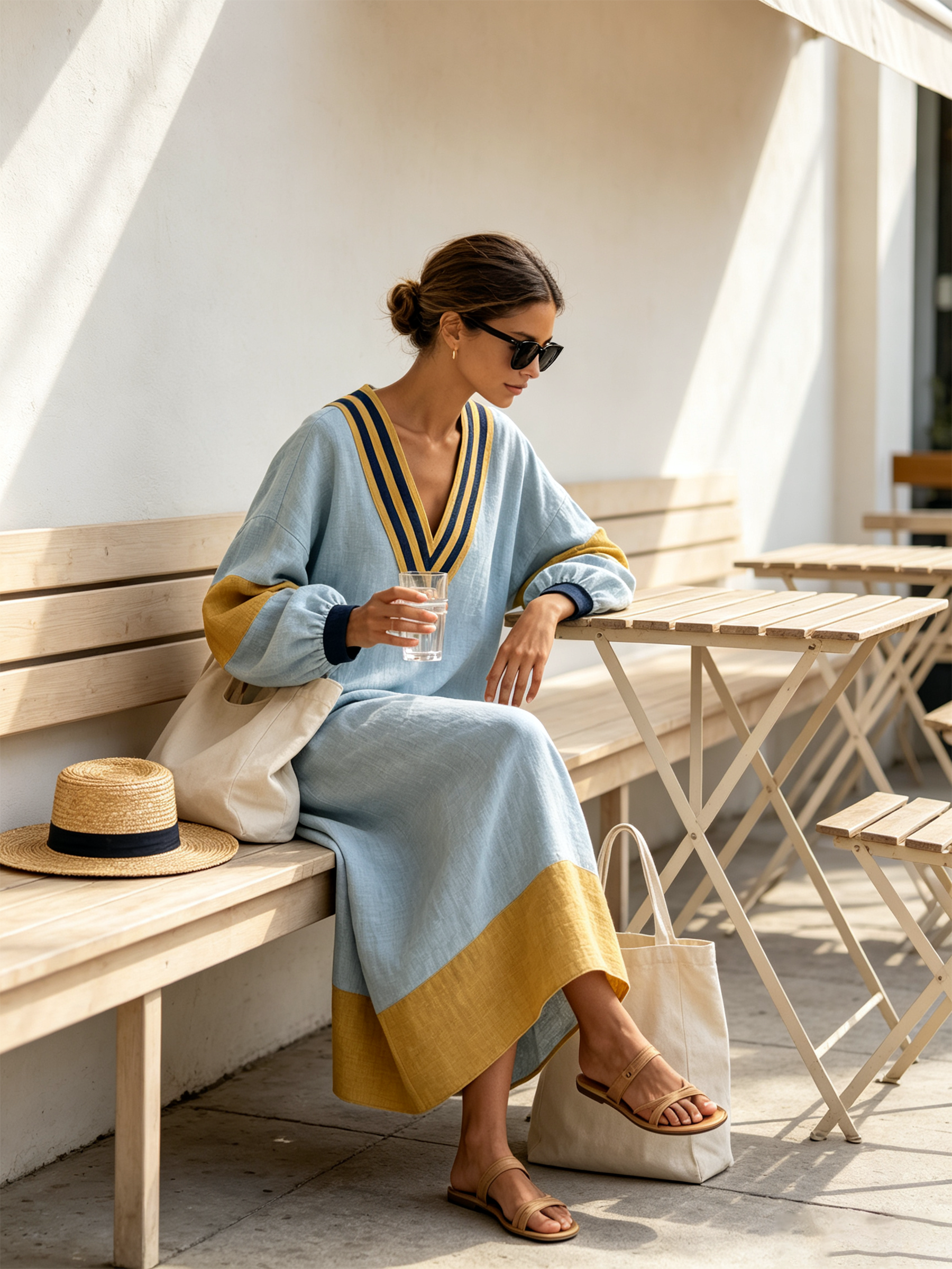 Color Block V-Neck Linen Kaftan Maxi Dress