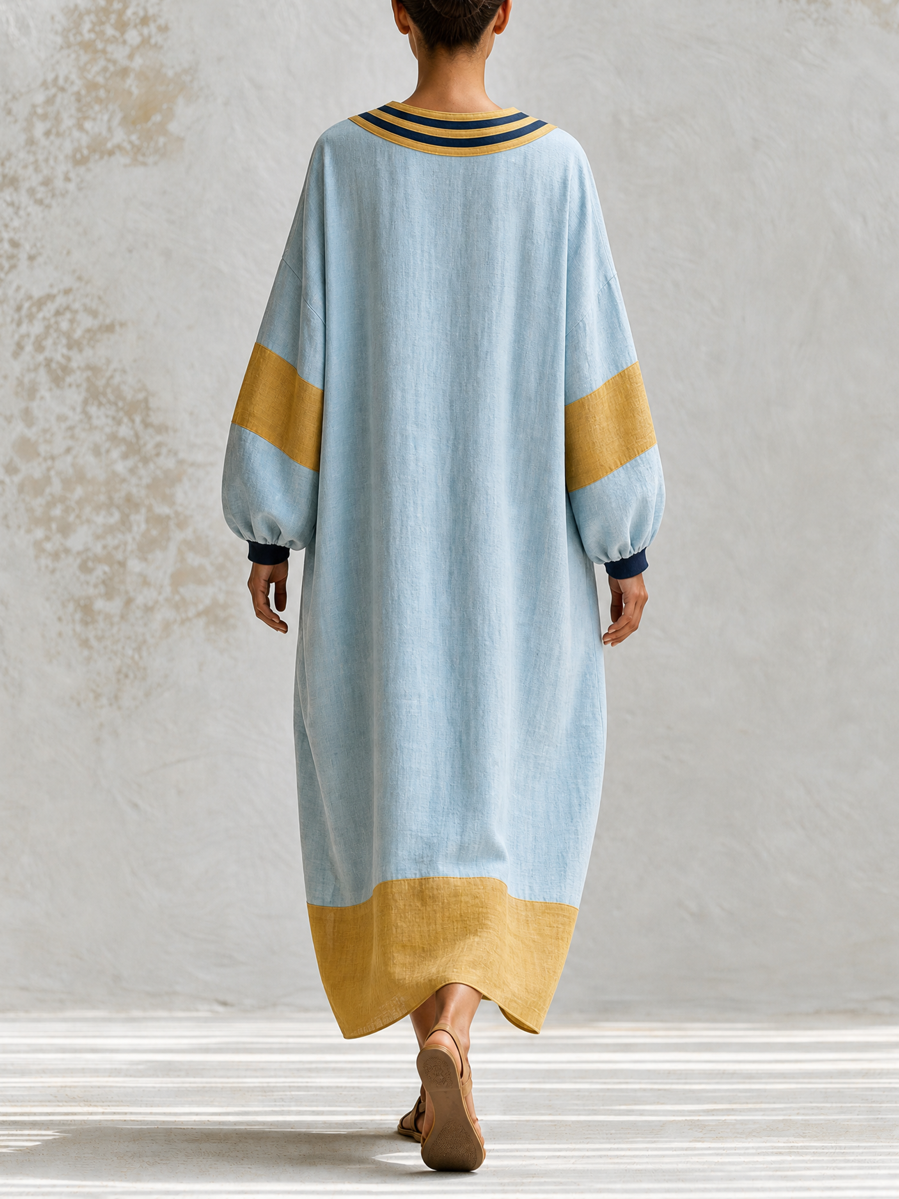 Color Block V-Neck Linen Kaftan Maxi Dress
