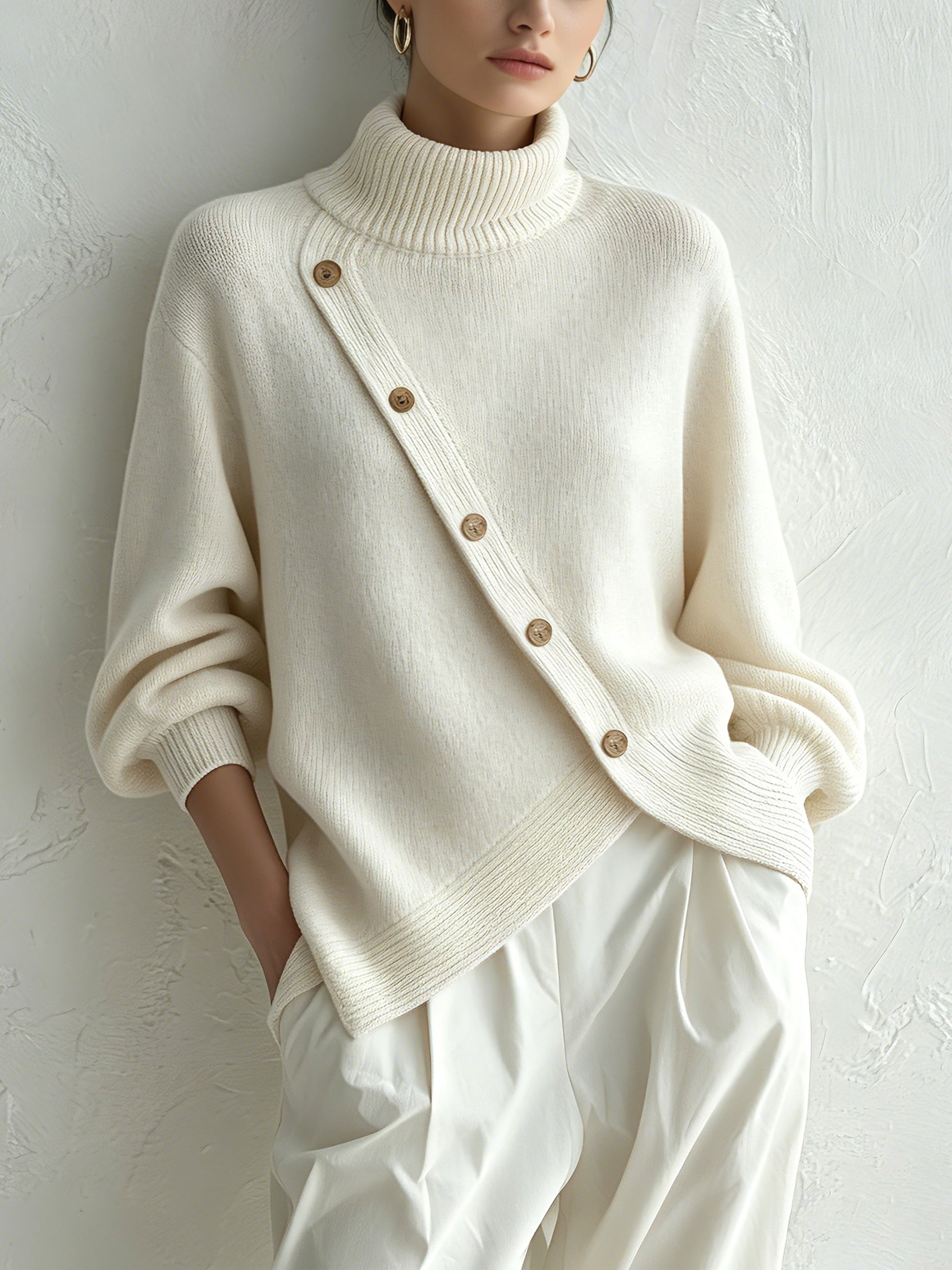 Turtleneck Knit Sweater with Wooden Button Detail