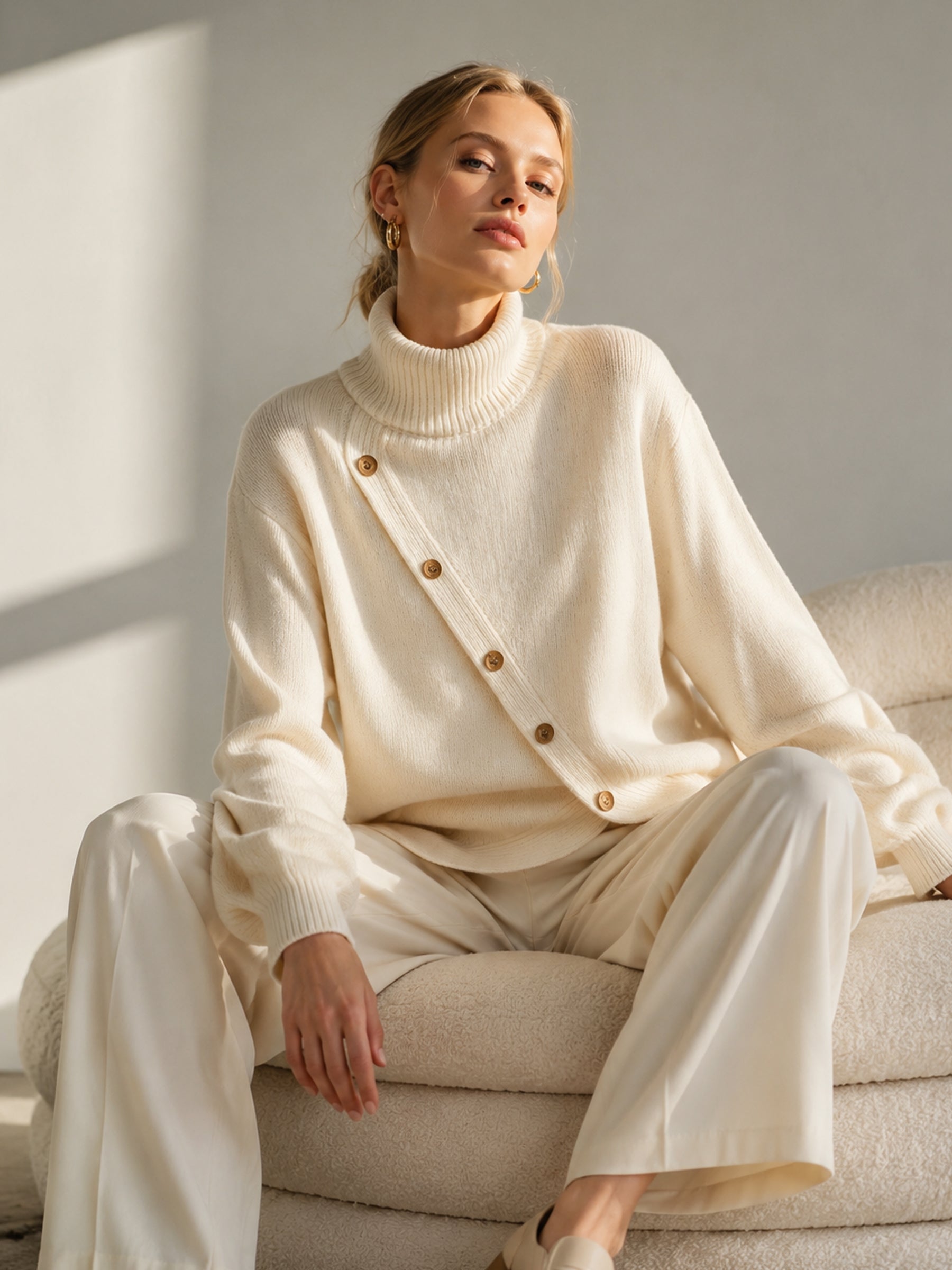 Turtleneck Knit Sweater with Wooden Button Detail