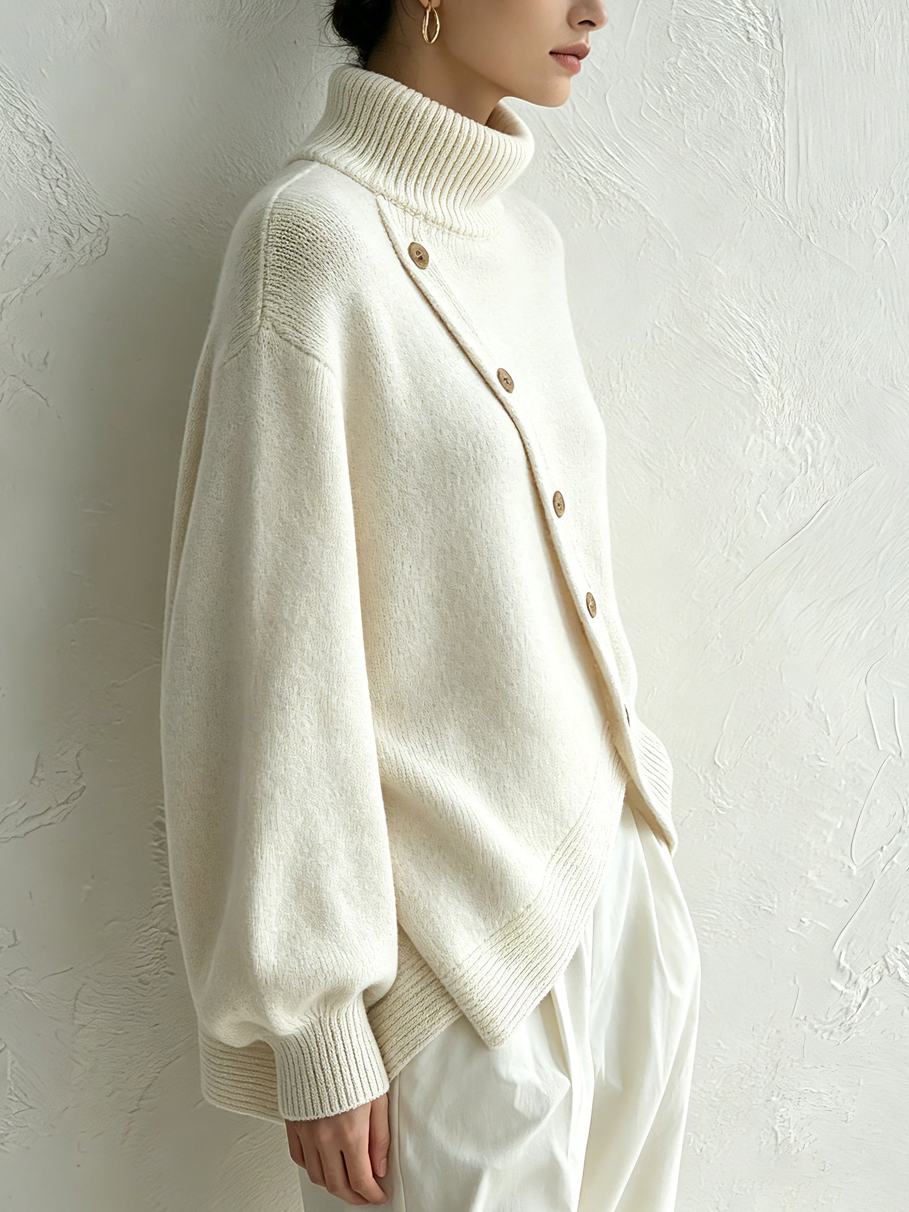 Turtleneck Knit Sweater with Wooden Button Detail