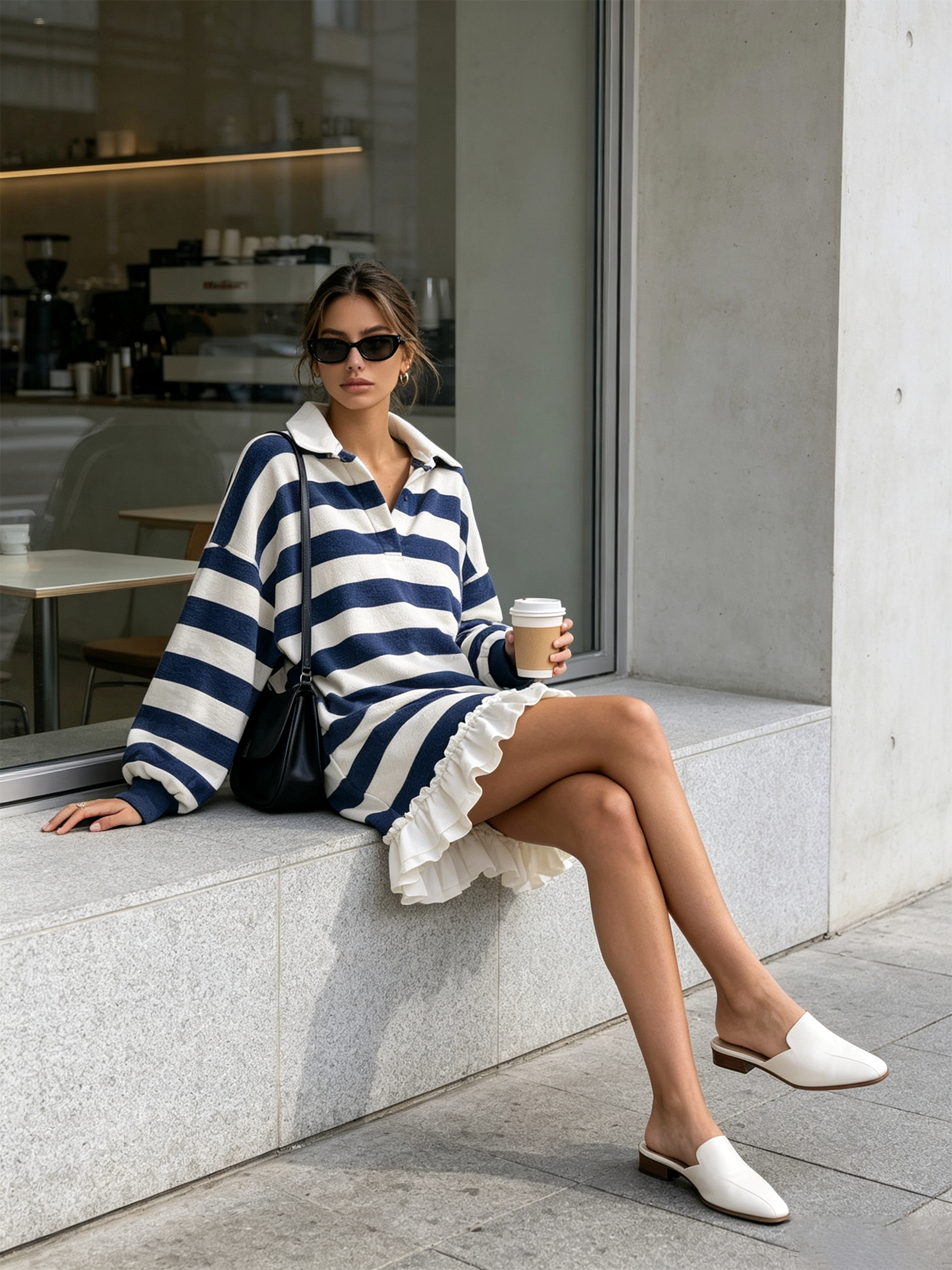 Striped Polo Collar Sweatshirt Mini Dress