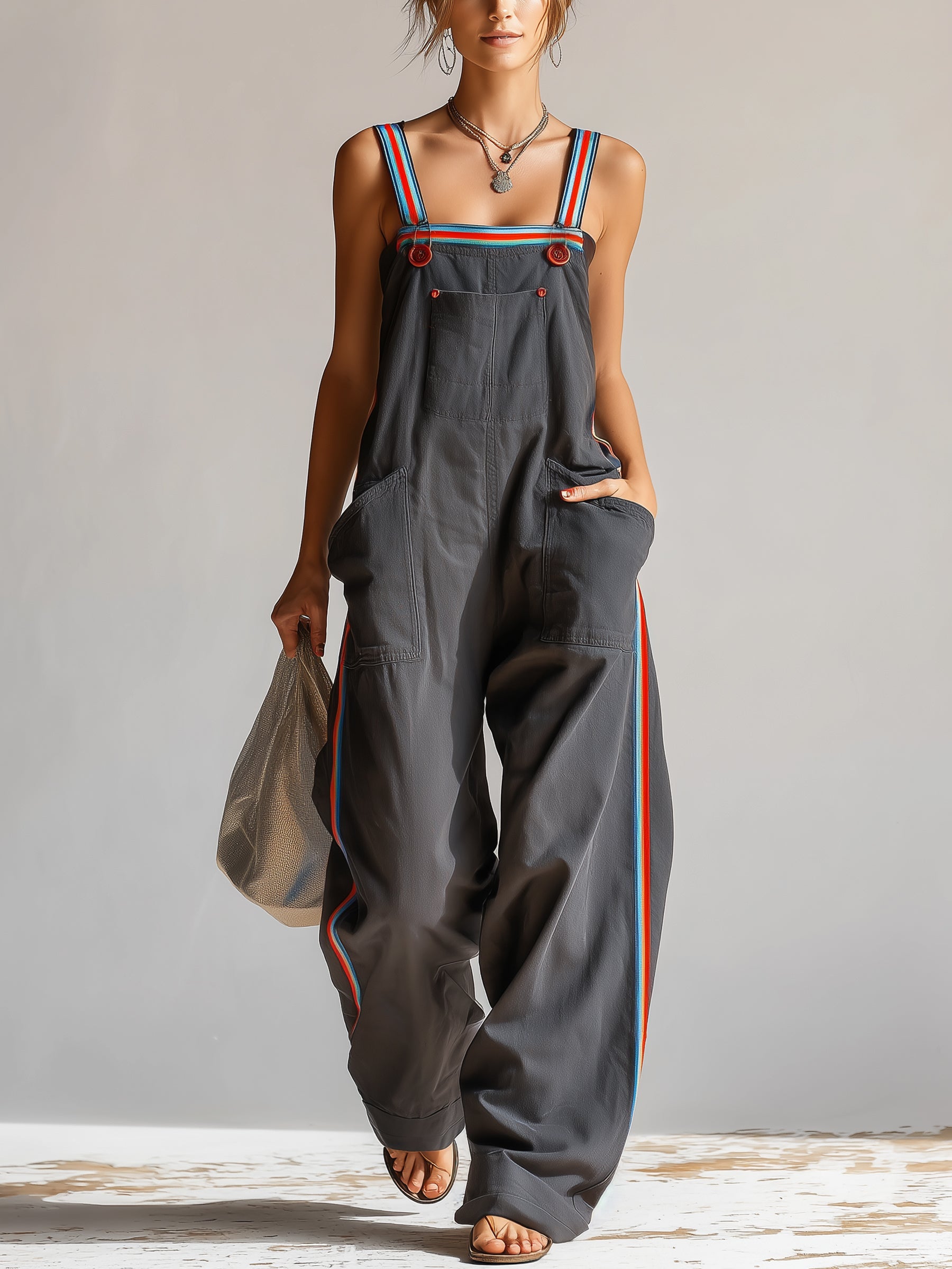 Contrast Strap Wide-Leg Cargo Jumpsuit