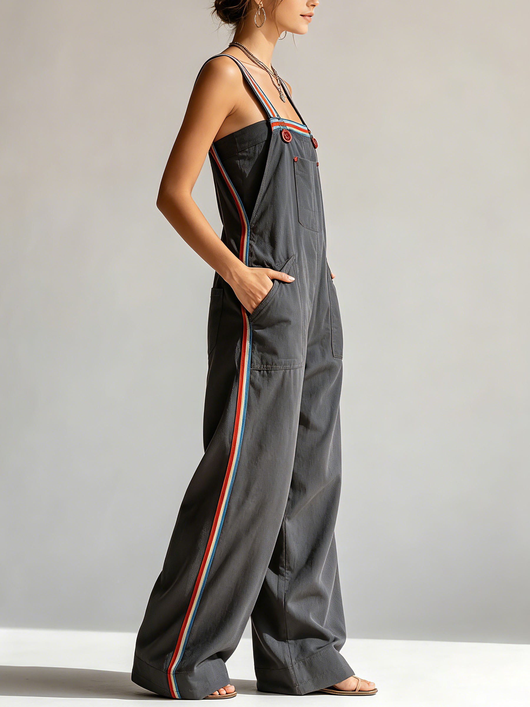 Contrast Strap Wide-Leg Cargo Jumpsuit