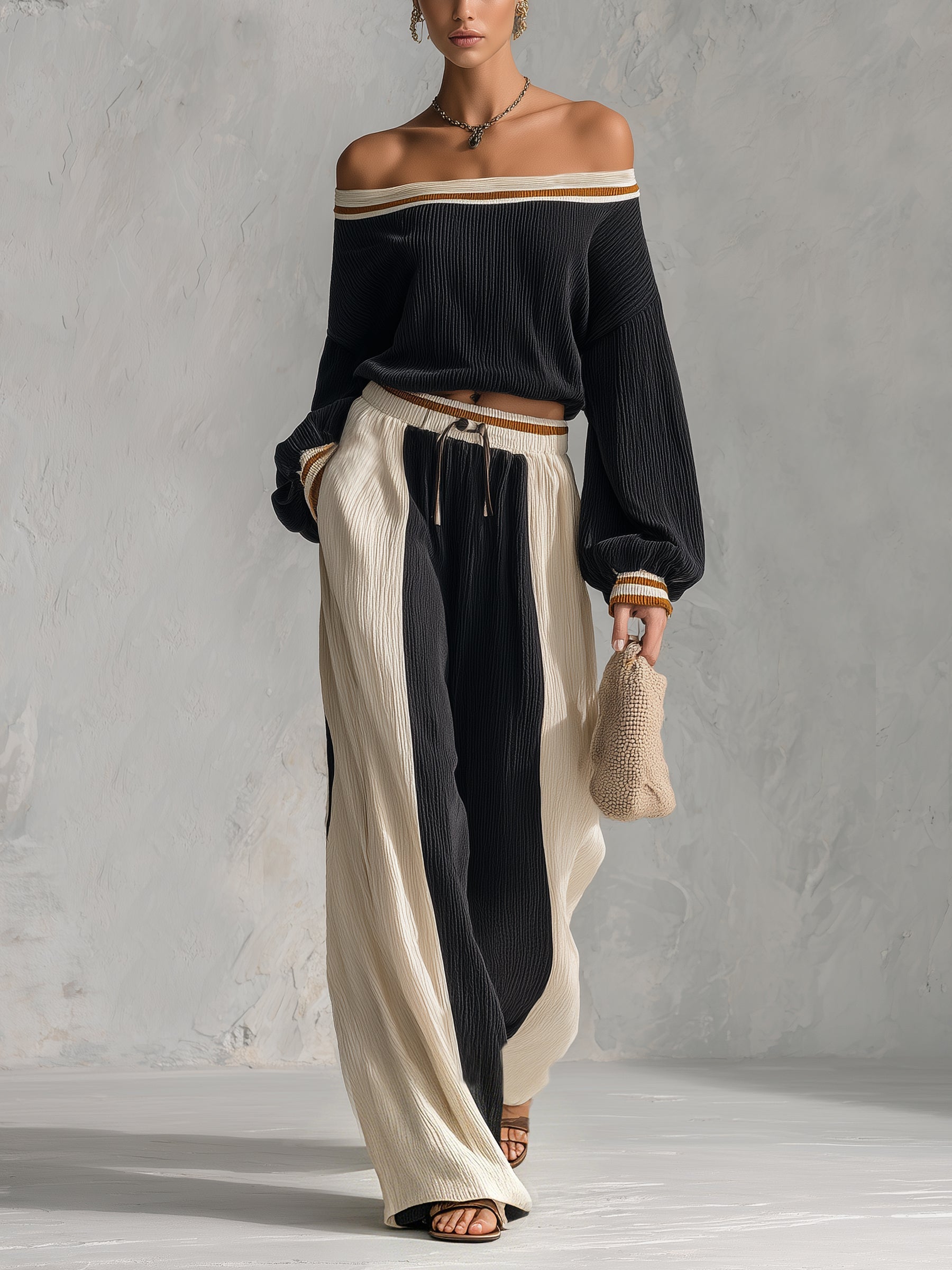 Off-Shoulder Knit Crop Top and Wide-Leg Pants Set
