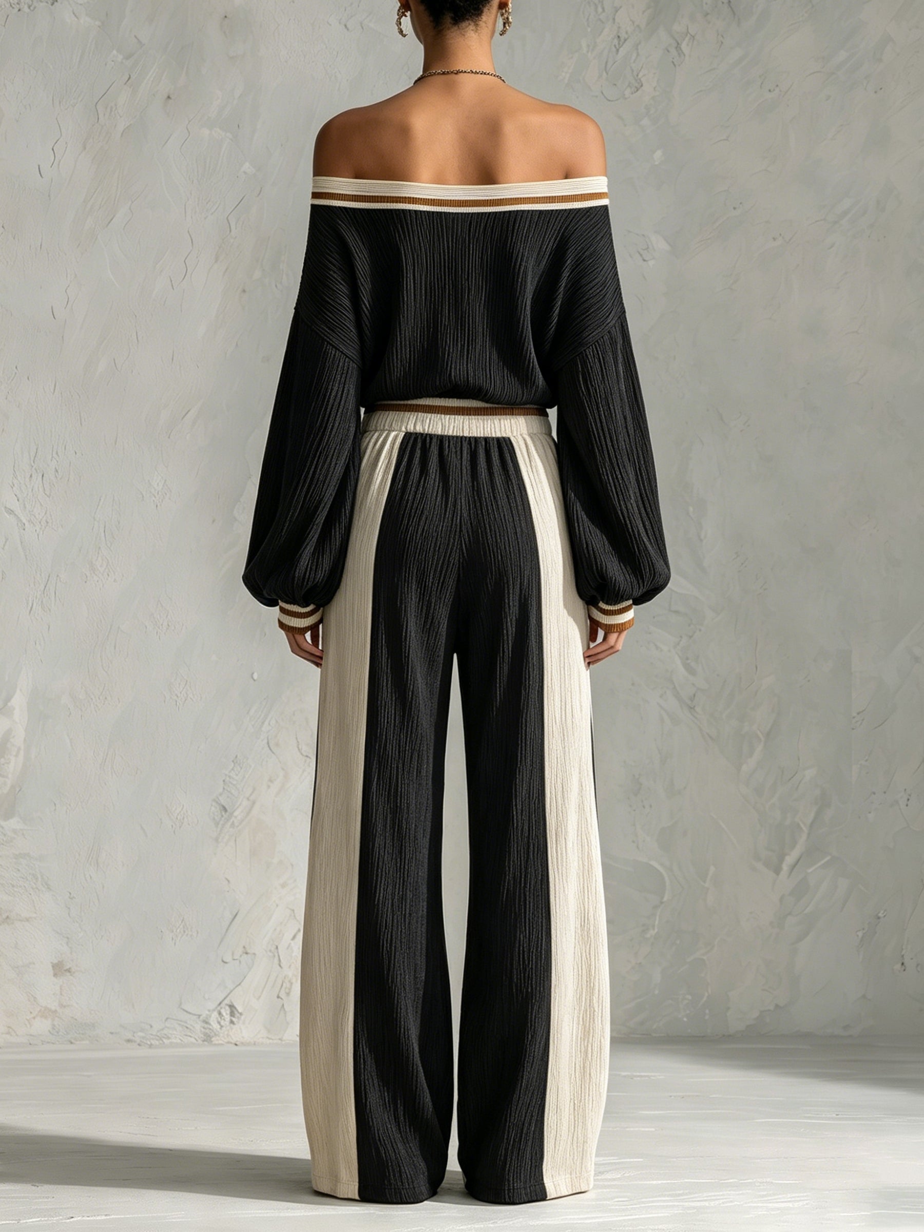 Off-Shoulder Knit Crop Top and Wide-Leg Pants Set
