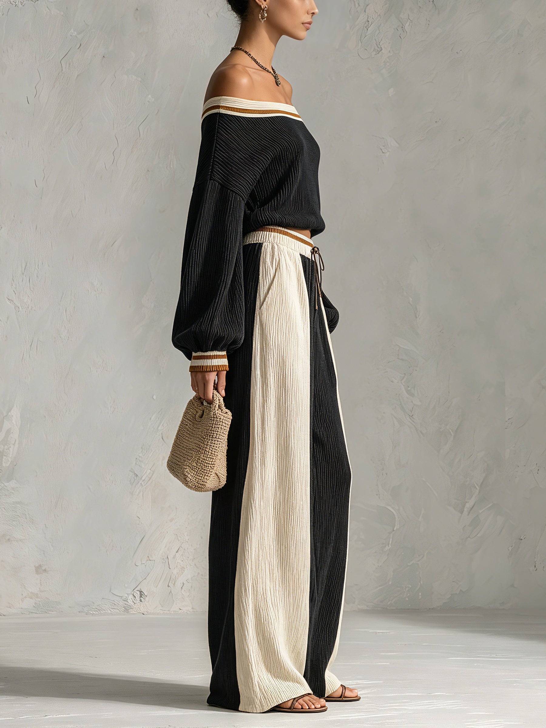 Off-Shoulder Knit Crop Top and Wide-Leg Pants Set