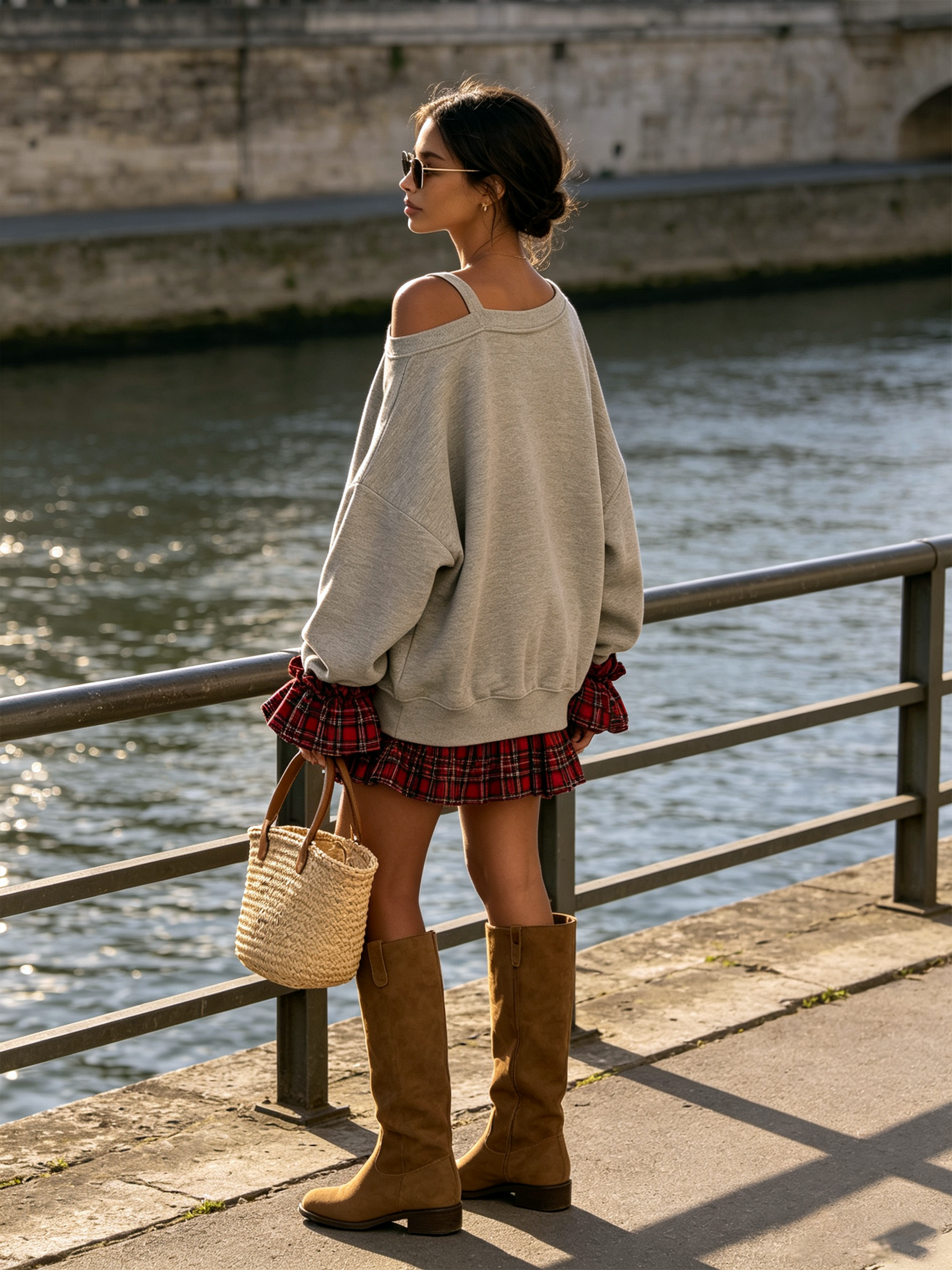 Cold Shoulder Sweatshirt with Plaid Ruffle Detail