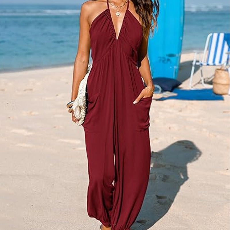 V-Neck Backless Wide-Leg Jumpsuit